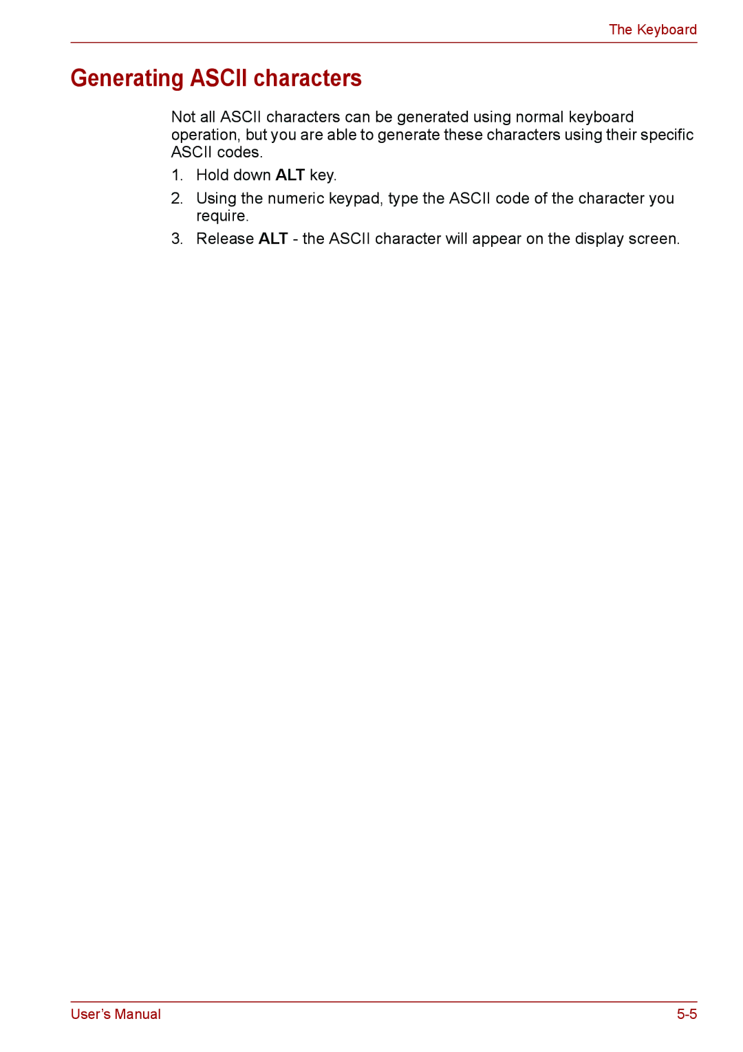 Toshiba PSC08U-02D01D user manual Generating Ascii characters 