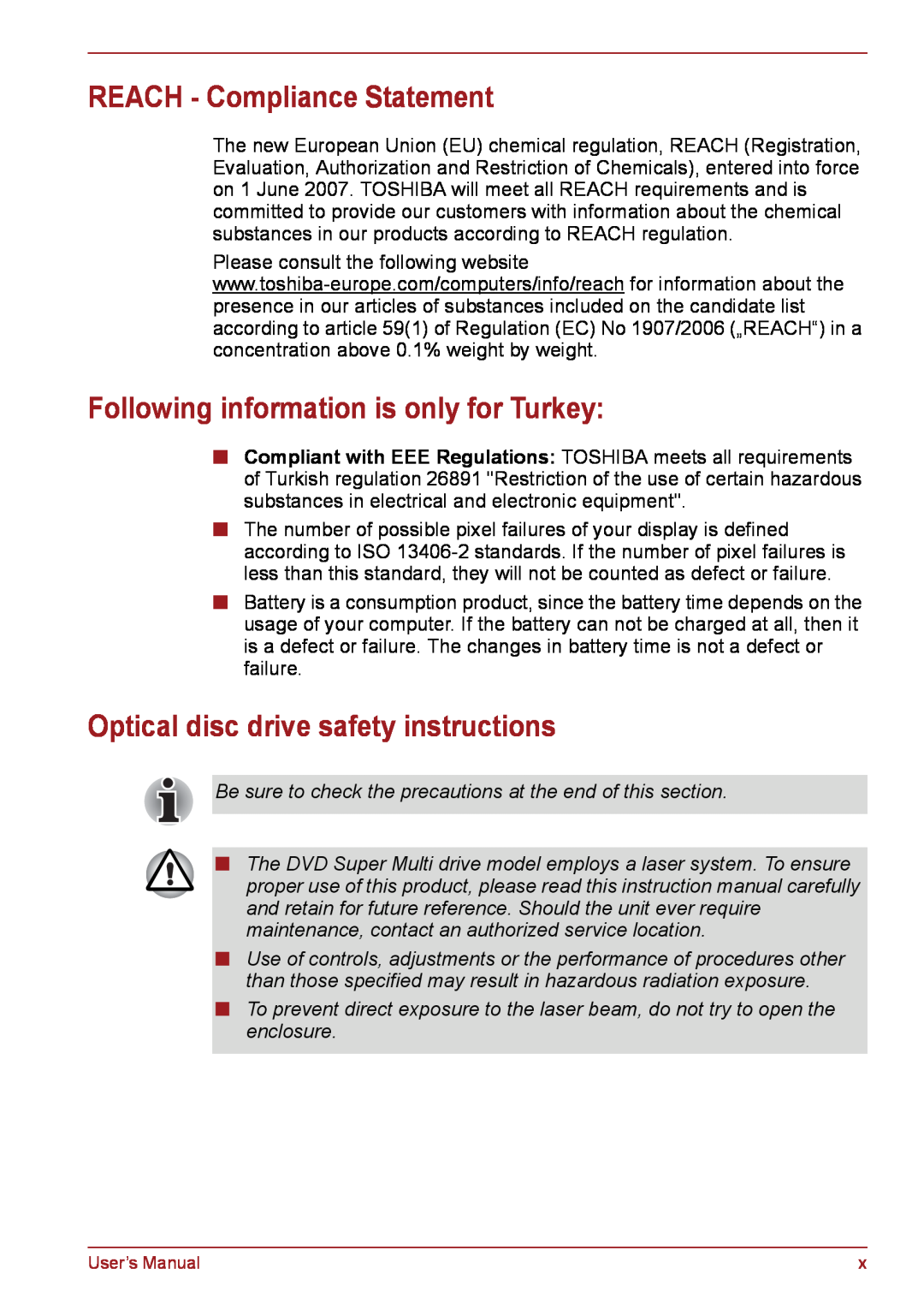 Toshiba PSC08U-02D01D user manual REACH - Compliance Statement, Following information is only for Turkey 