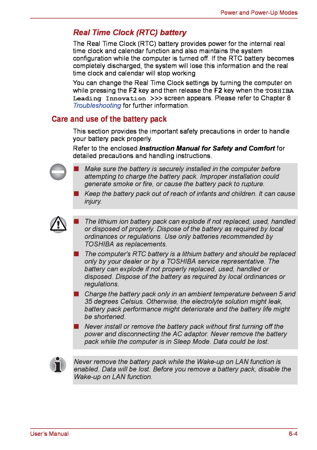 Toshiba PSC08U-02D01D user manual Care and use of the battery pack, Real Time Clock RTC battery 