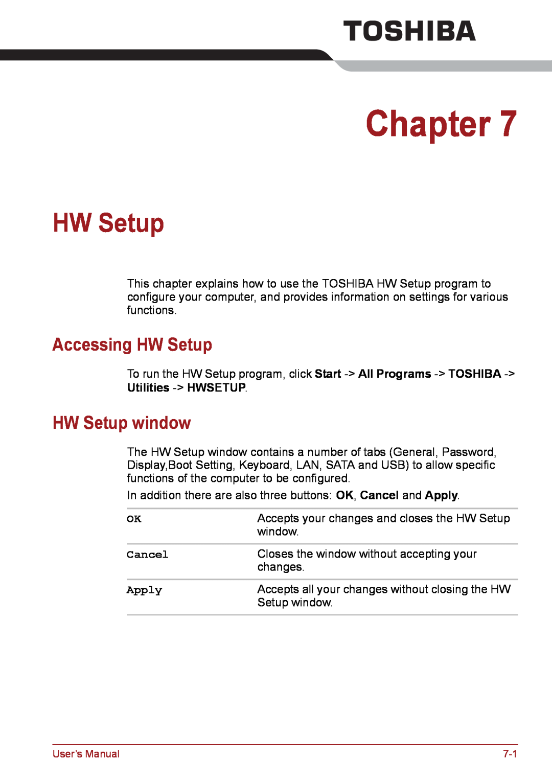 Toshiba PSC08U-02D01D user manual Accessing HW Setup, HW Setup window, Utilities - HWSETUP, Cancel, Apply, Chapter 