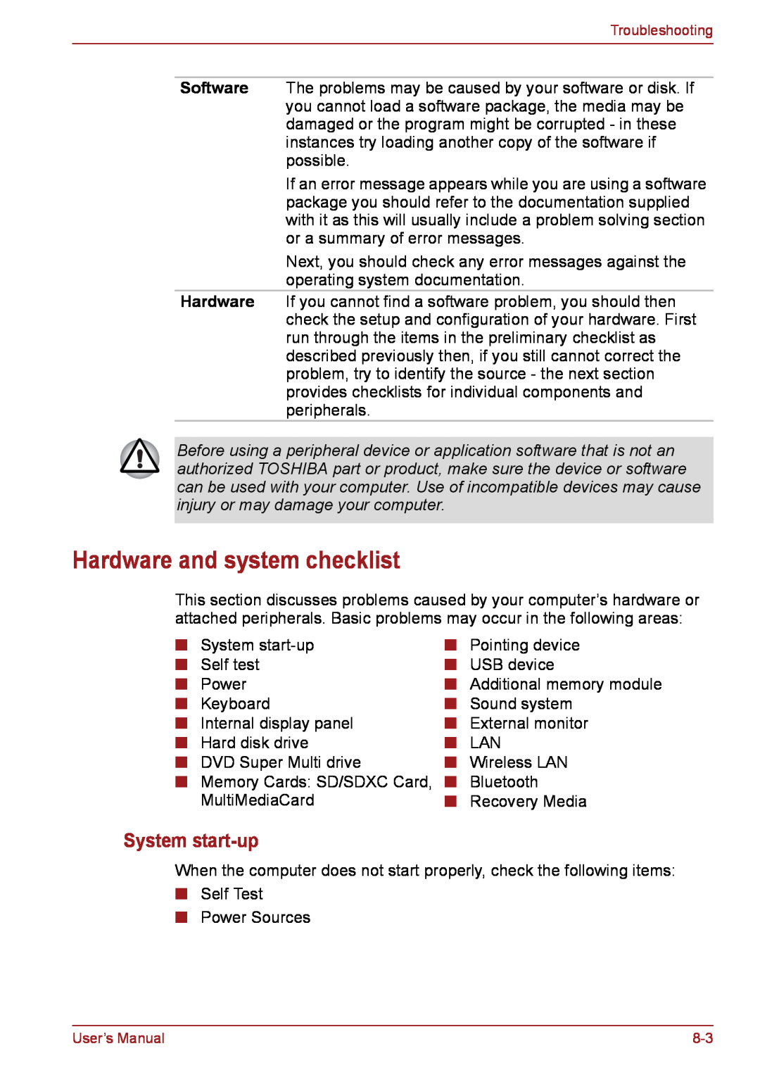 Toshiba PSC08U-02D01D user manual Hardware and system checklist, System start-up 