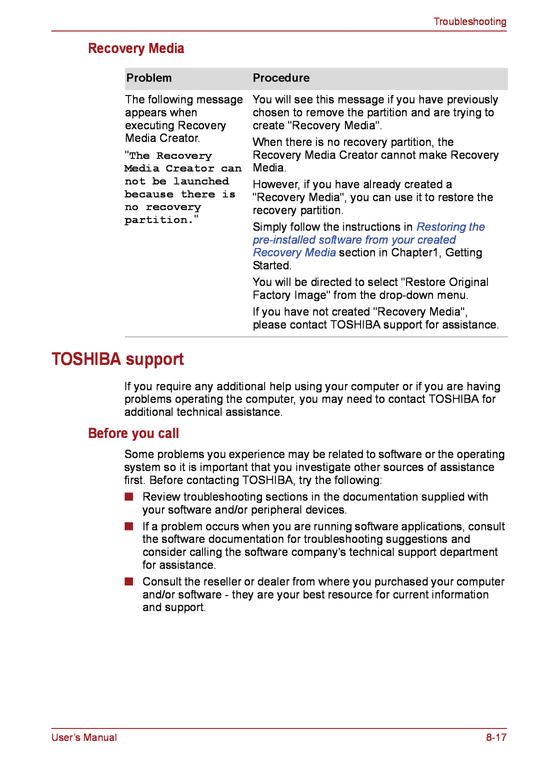 Toshiba PSC08U-02D01D user manual TOSHIBA support, Recovery Media, Before you call, The Recovery, ProblemProcedure 