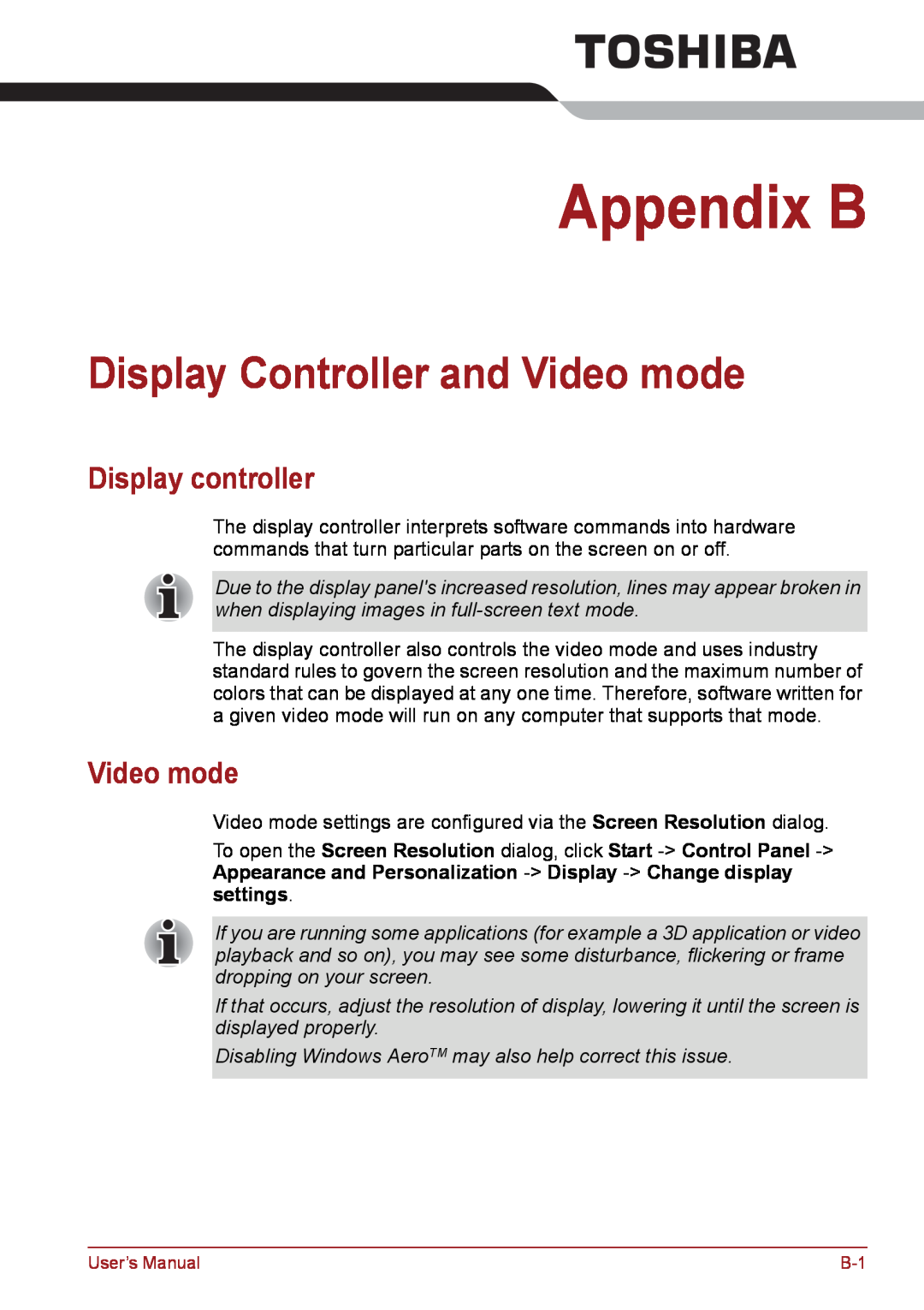 Toshiba PSC08U-02D01D user manual Appendix B, Display Controller and Video mode, Display controller 