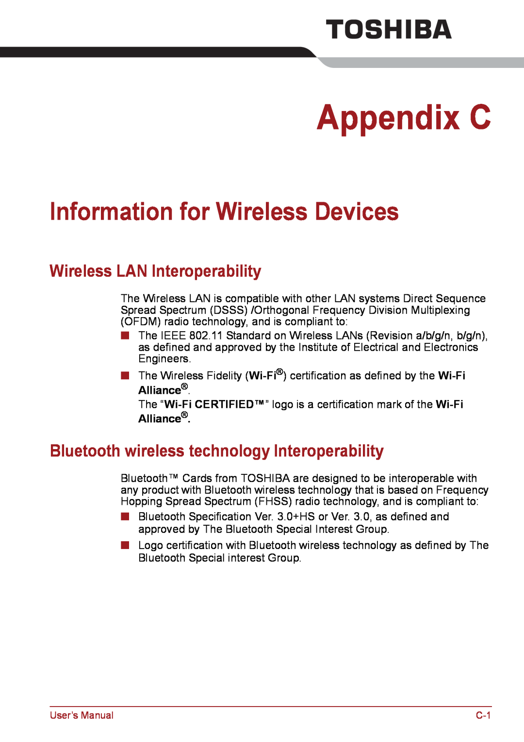 Toshiba PSC08U-02D01D user manual Appendix C, Information for Wireless Devices, Wireless LAN Interoperability, Alliance 