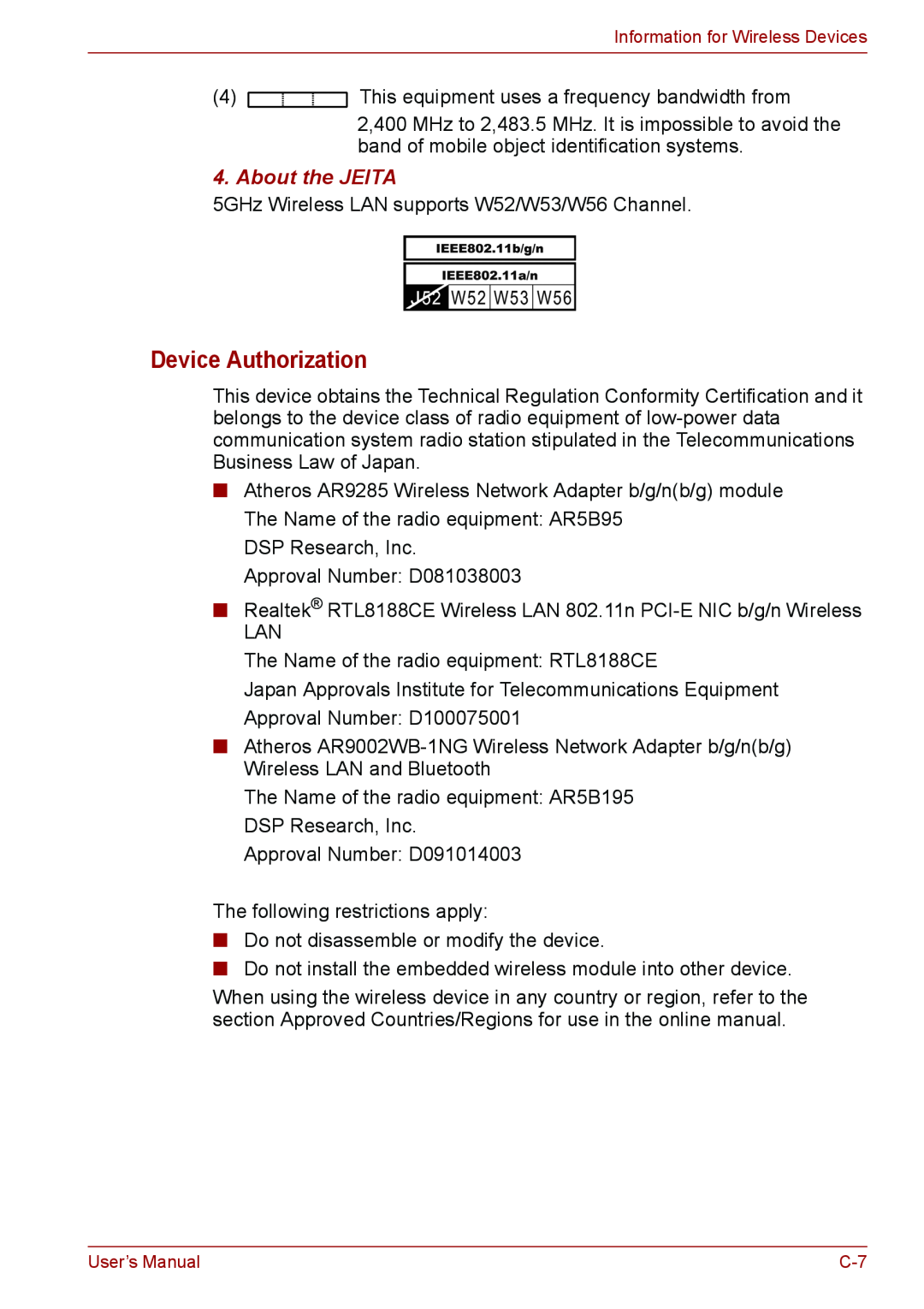 Toshiba PSC08U-02D01D user manual Device Authorization, About the JEITA 