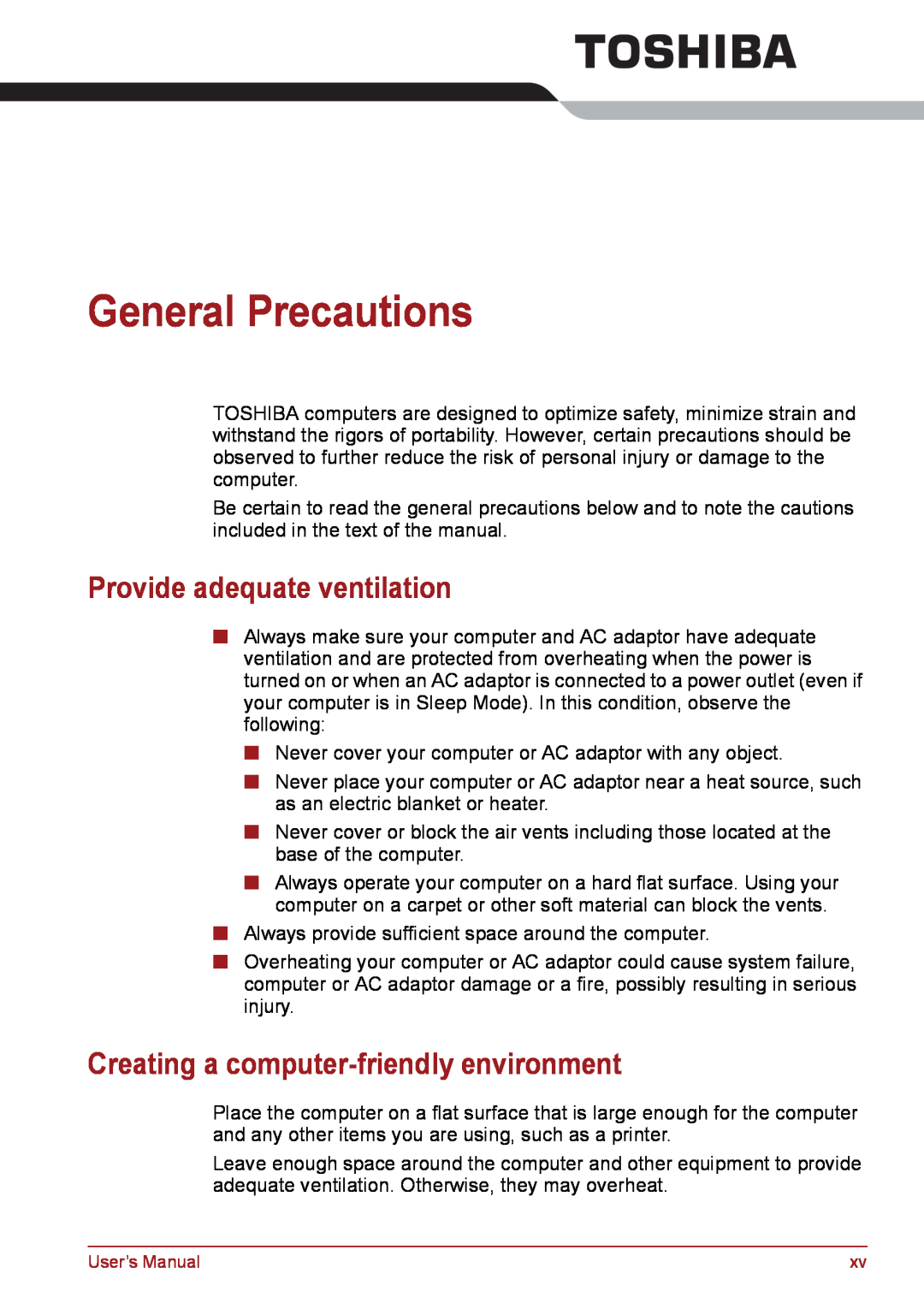 Toshiba PSC08U-02D01D General Precautions, Provide adequate ventilation, Creating a computer-friendly environment 