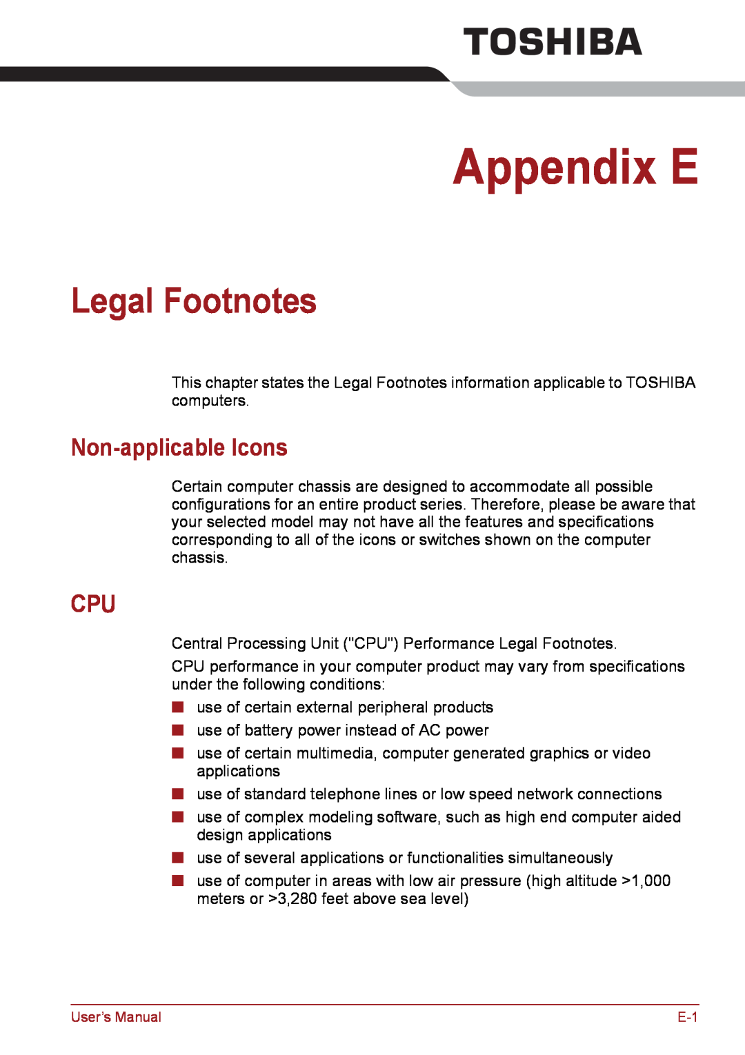 Toshiba PSC08U-02D01D user manual Appendix E, Legal Footnotes, Non-applicable Icons 
