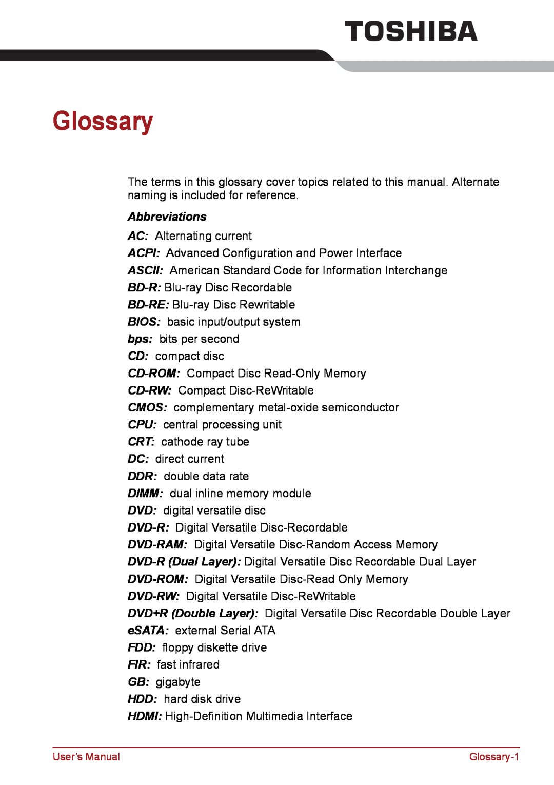 Toshiba PSC08U-02D01D user manual Glossary, Abbreviations 