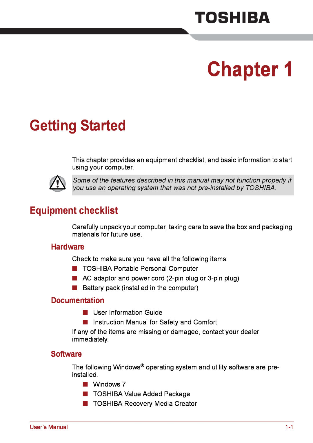 Toshiba PSC08U-02D01D user manual Chapter, Getting Started, Equipment checklist, Hardware, Documentation, Software 