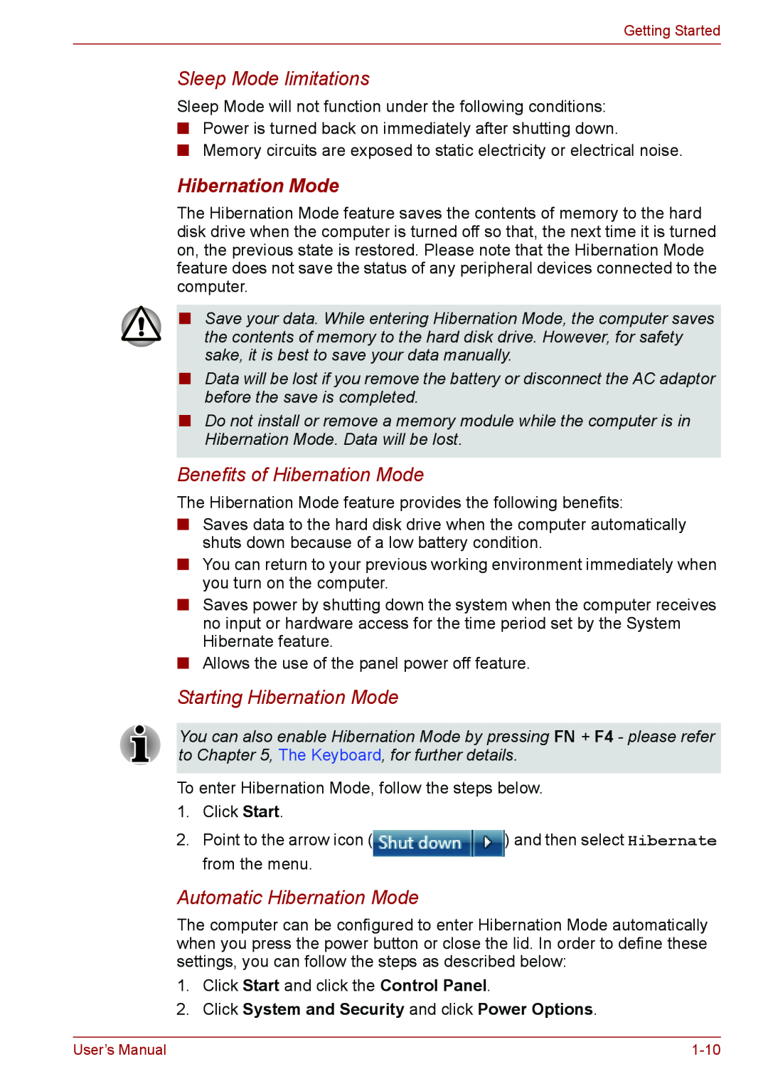 Toshiba PSC08U-02D01D user manual Sleep Mode limitations, Benefits of Hibernation Mode, Starting Hibernation Mode 