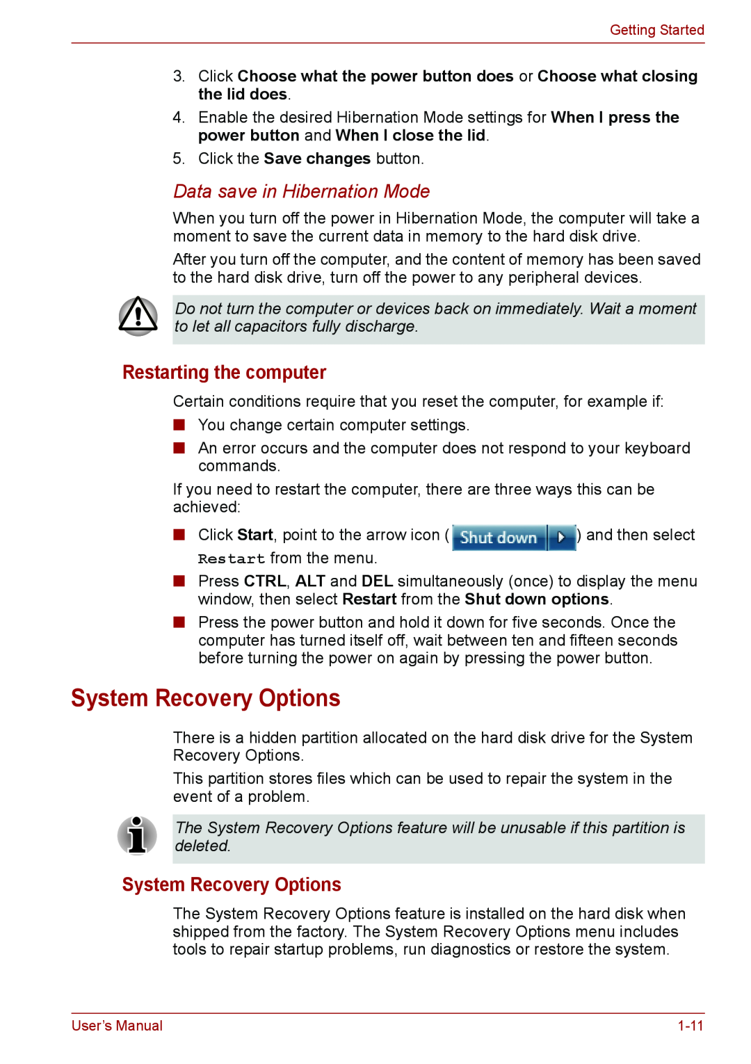 Toshiba PSC08U-02D01D user manual System Recovery Options, Restarting the computer, Data save in Hibernation Mode 