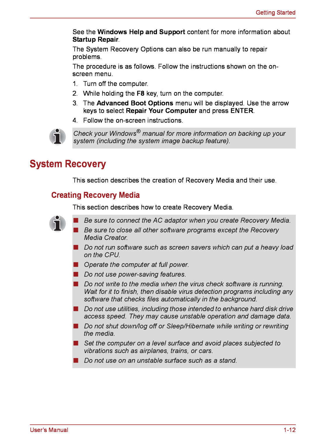 Toshiba PSC08U-02D01D user manual System Recovery, Creating Recovery Media 