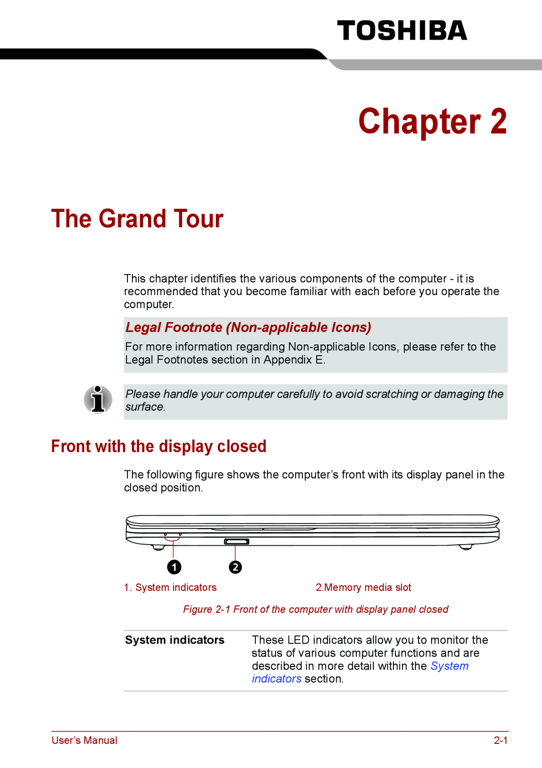 Toshiba PSC08U-02D01D The Grand Tour, Front with the display closed, Legal Footnote Non-applicable Icons, Chapter 