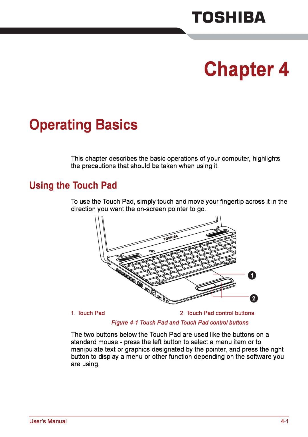 Toshiba PSC08U-02D01D user manual Operating Basics, Using the Touch Pad, Chapter 