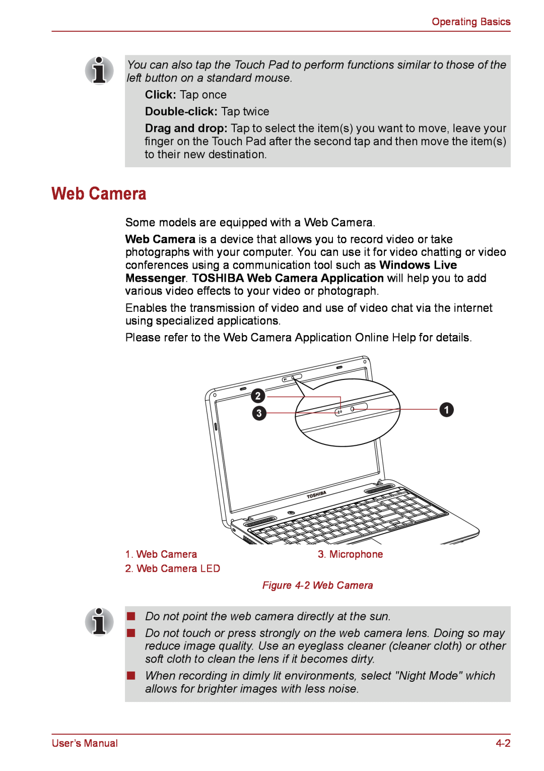 Toshiba PSC08U-02D01D user manual Web Camera, Double-click Tap twice 