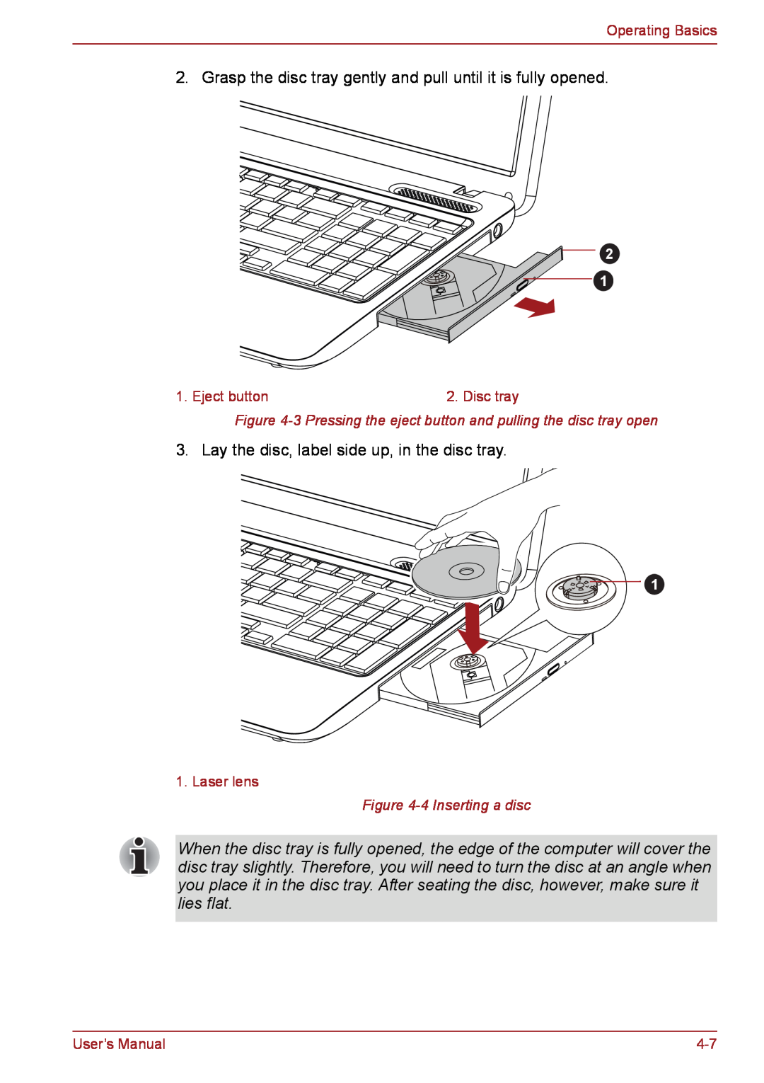 Toshiba PSC08U-02D01D user manual Grasp the disc tray gently and pull until it is fully opened, 4 Inserting a disc 