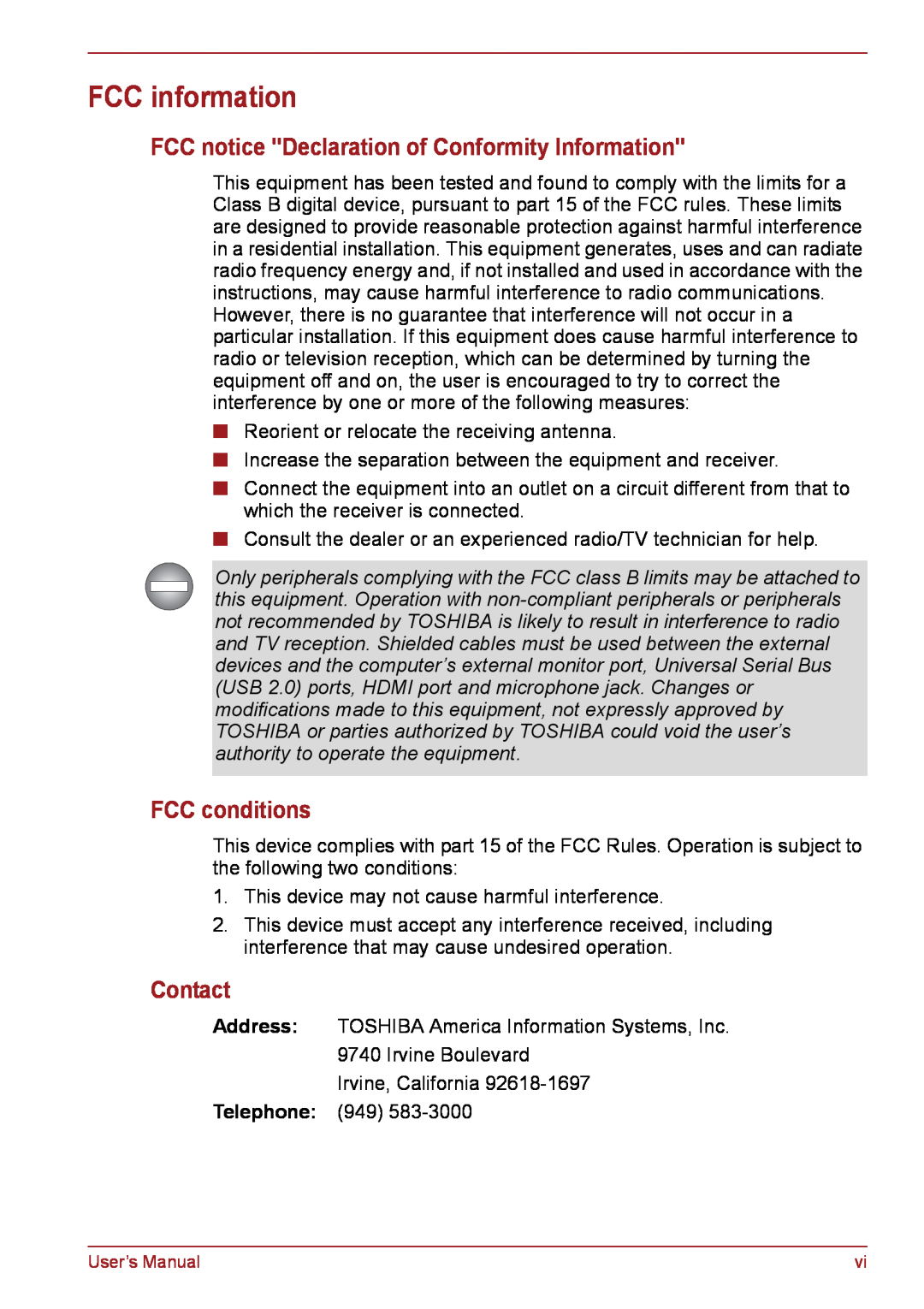 Toshiba PSC08U-02D01D FCC information, FCC notice Declaration of Conformity Information, FCC conditions, Contact 