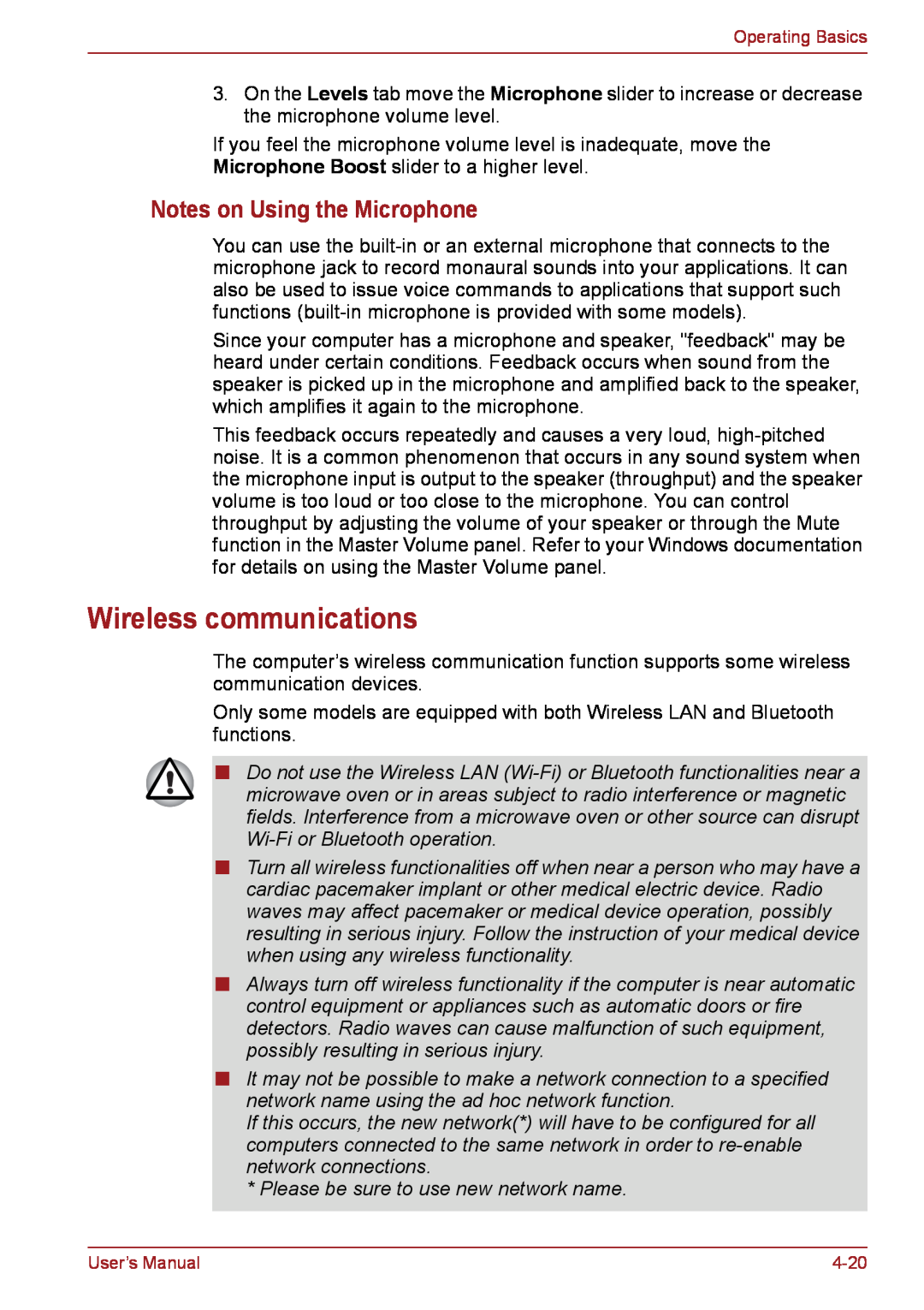 Toshiba PSC08U-02D01D user manual Wireless communications, Notes on Using the Microphone 