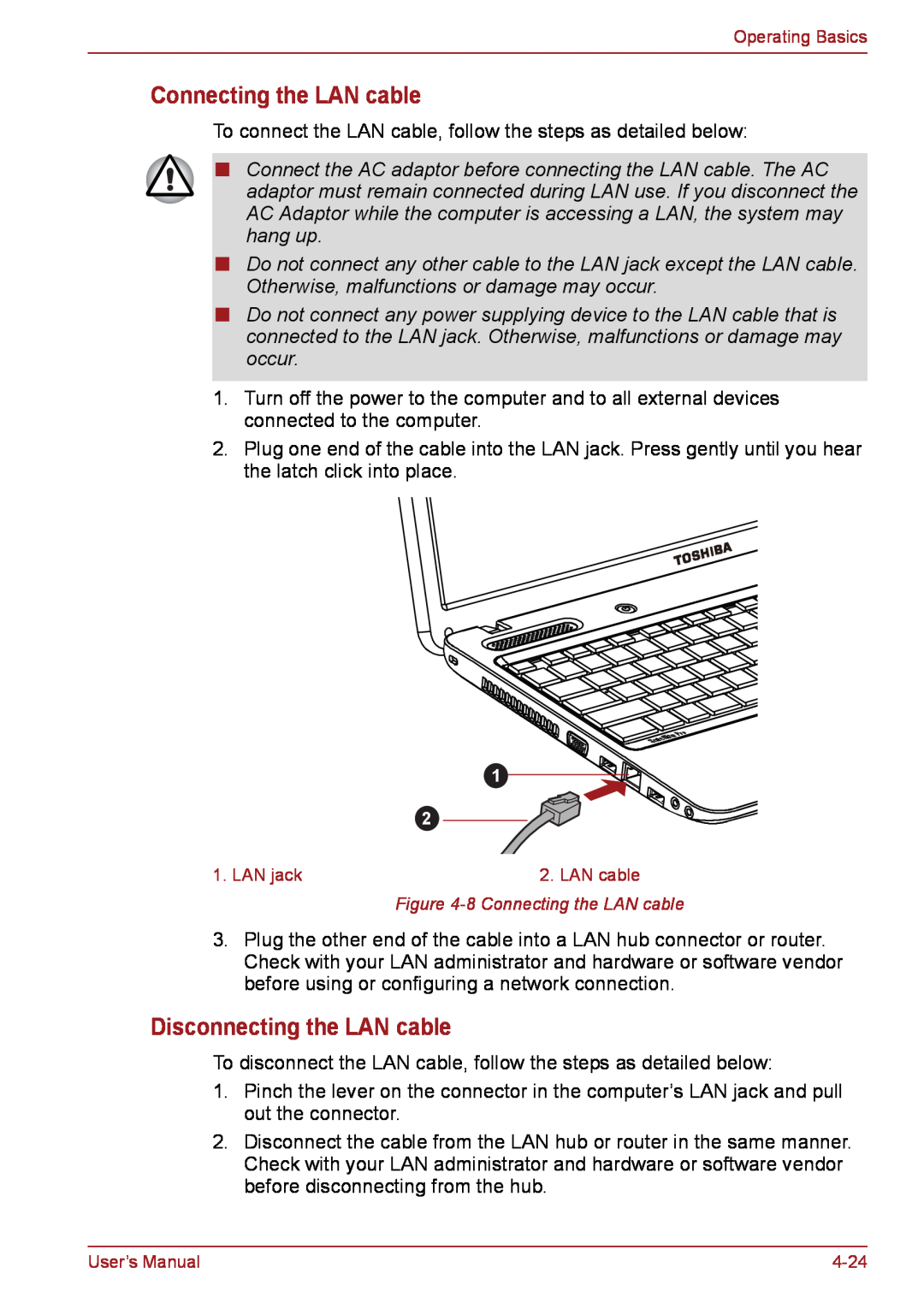 Toshiba PSC08U-02D01D user manual Connecting the LAN cable, Disconnecting the LAN cable 