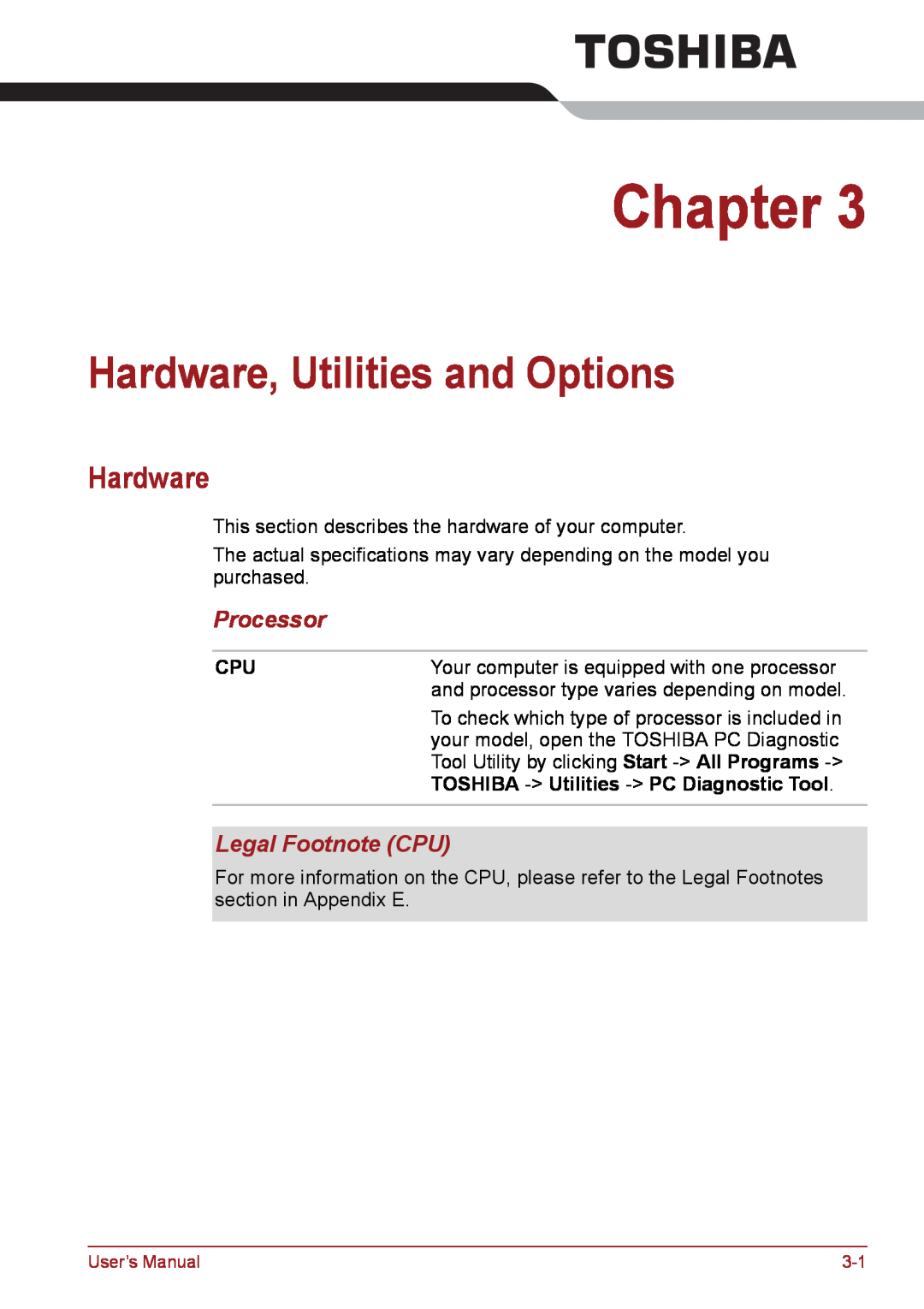 Toshiba PSC08U-02D01D user manual Hardware, Utilities and Options, Processor, Legal Footnote CPU, Chapter 