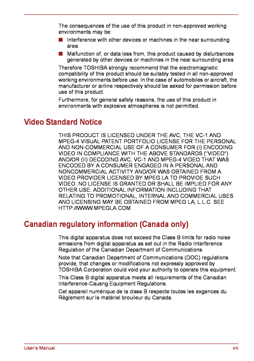 Toshiba PSC08U-02D01D user manual Video Standard Notice, Canadian regulatory information Canada only 