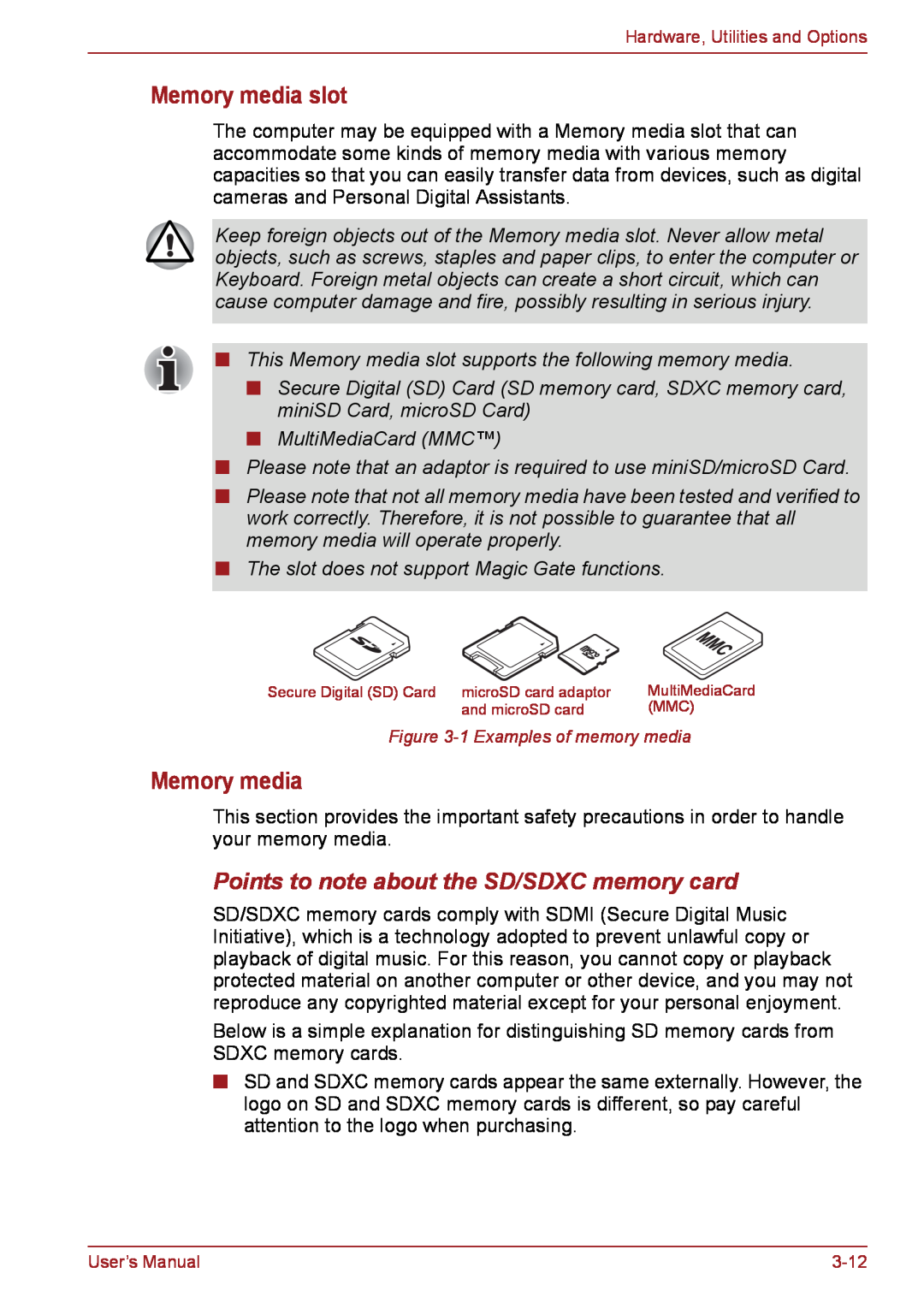 Toshiba PSC08U-02D01D user manual Memory media slot, Points to note about the SD/SDXC memory card 