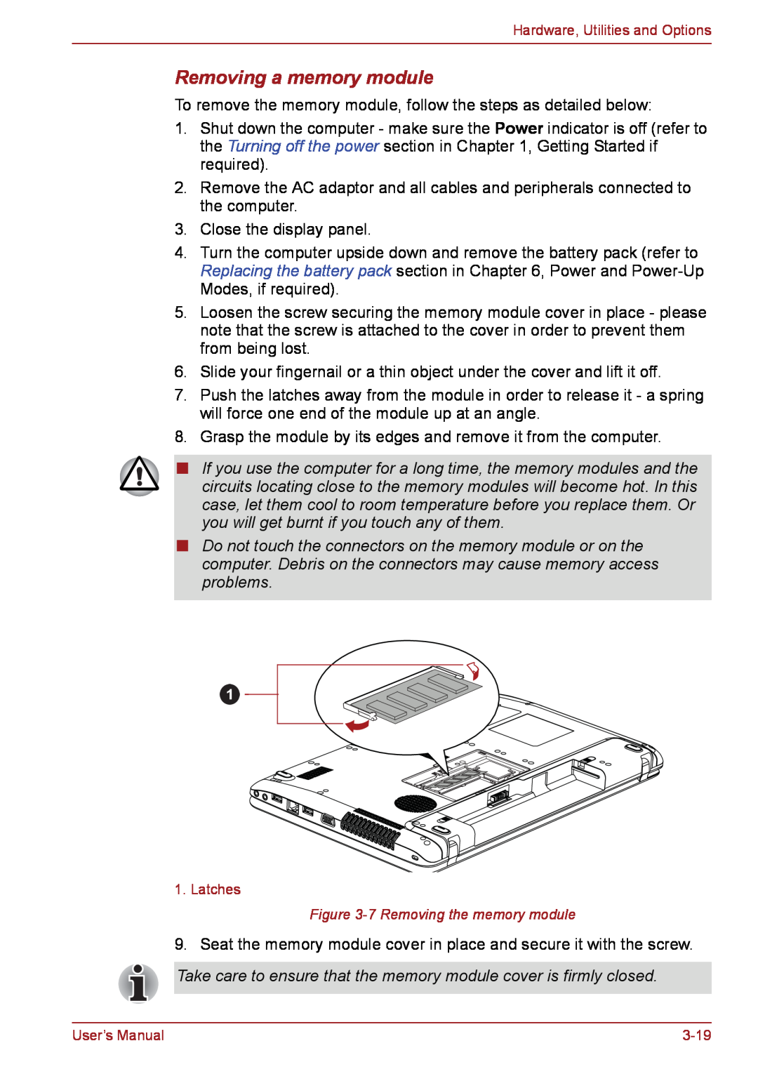 Toshiba PSC08U-02D01D user manual Removing a memory module, 7 Removing the memory module 