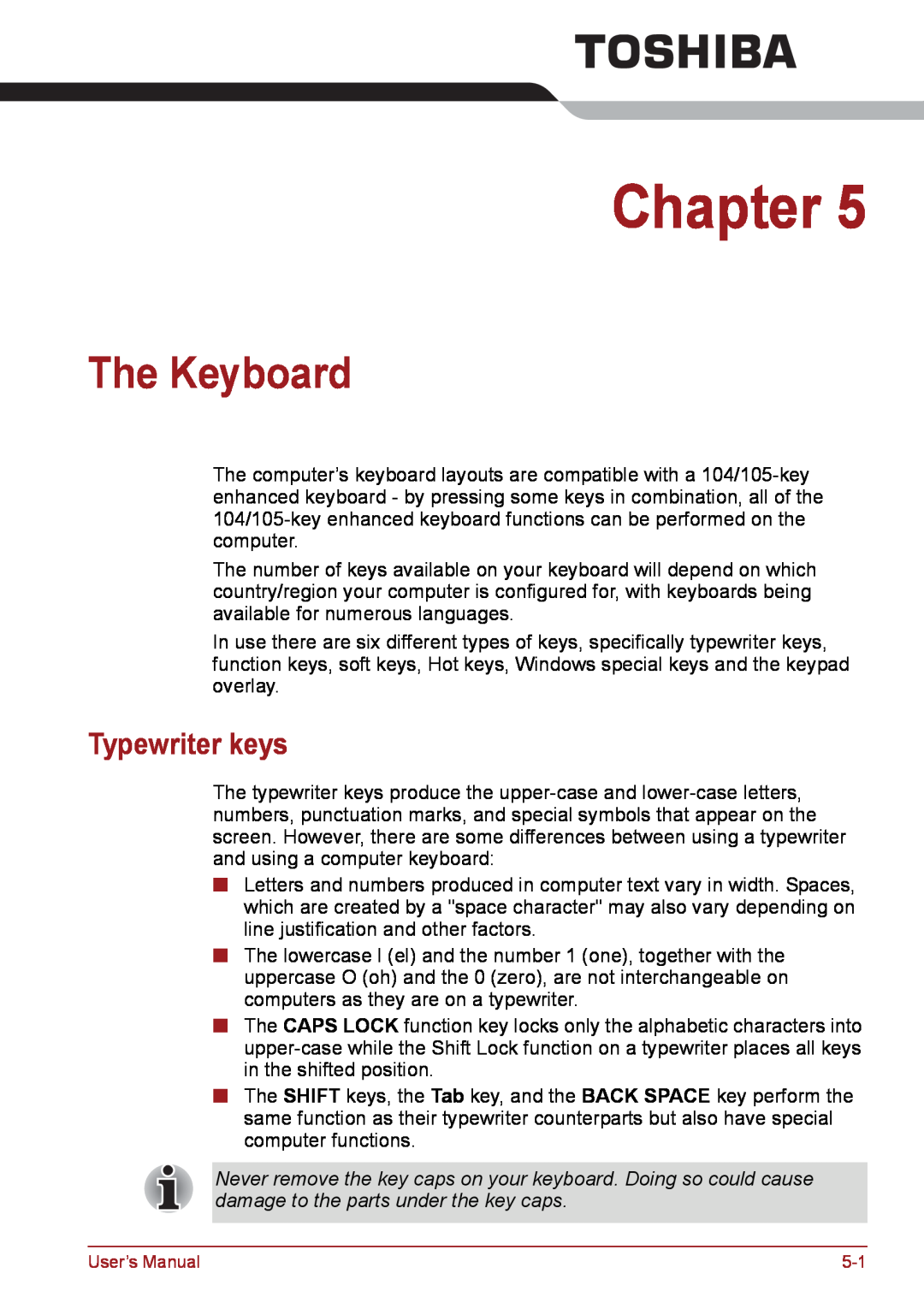 Toshiba PSC08U-02D01D user manual The Keyboard, Typewriter keys, Chapter 