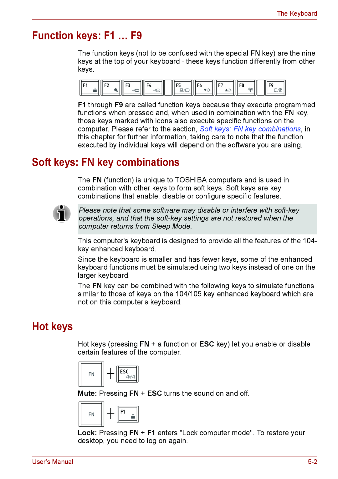 Toshiba PSC08U-02D01D user manual Function keys F1 … F9, Soft keys FN key combinations, Hot keys 