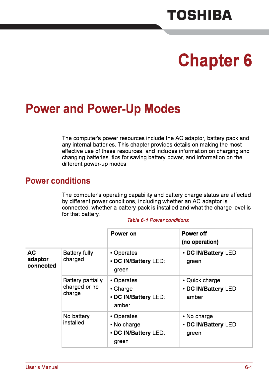 Toshiba PSC08U-02D01D Power and Power-Up Modes, Power conditions, Power on, no operation, DC IN/Battery LED, adaptor 