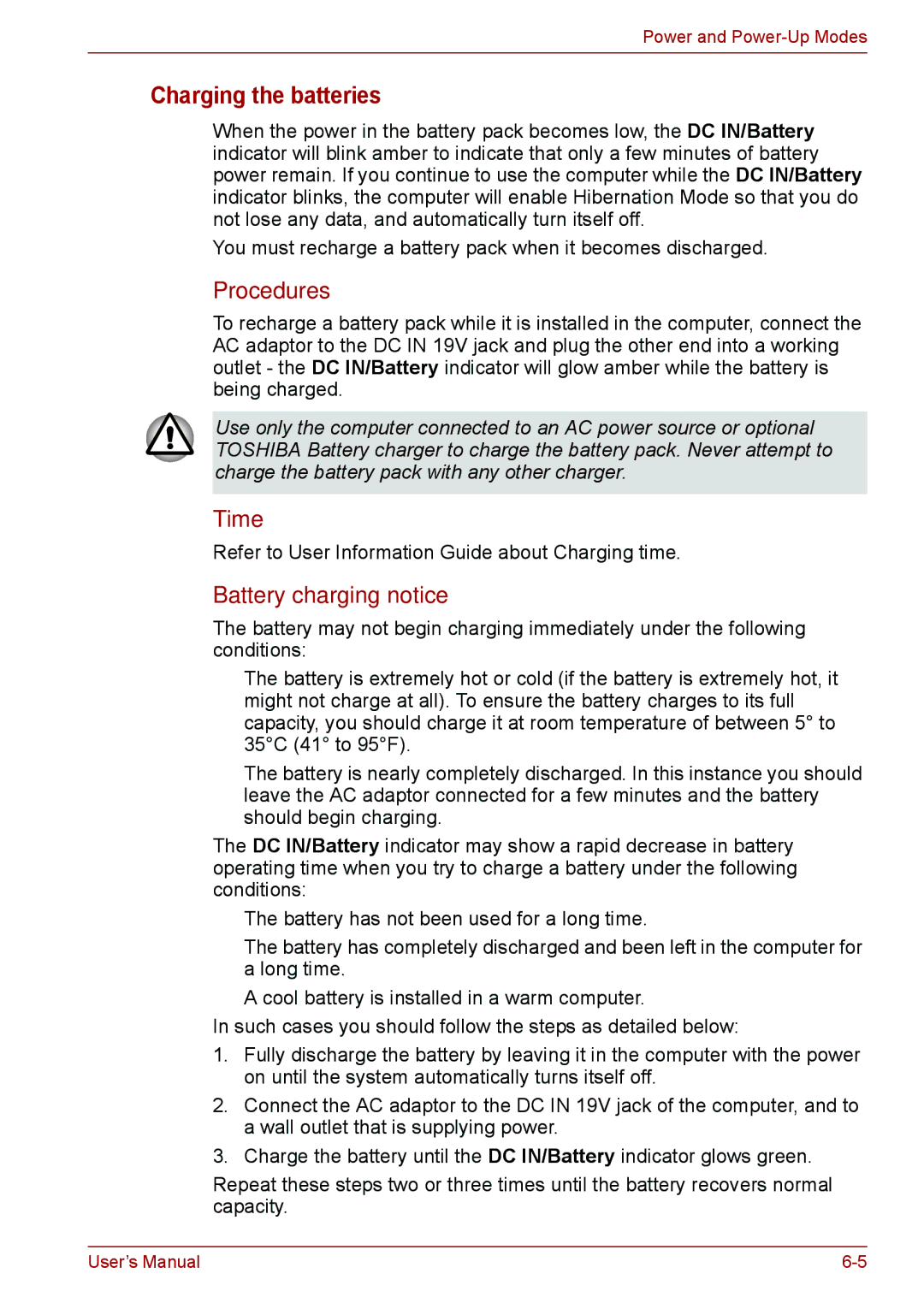 Toshiba PSC2EU-05400L user manual Charging the batteries, Procedures, Time, Battery charging notice 