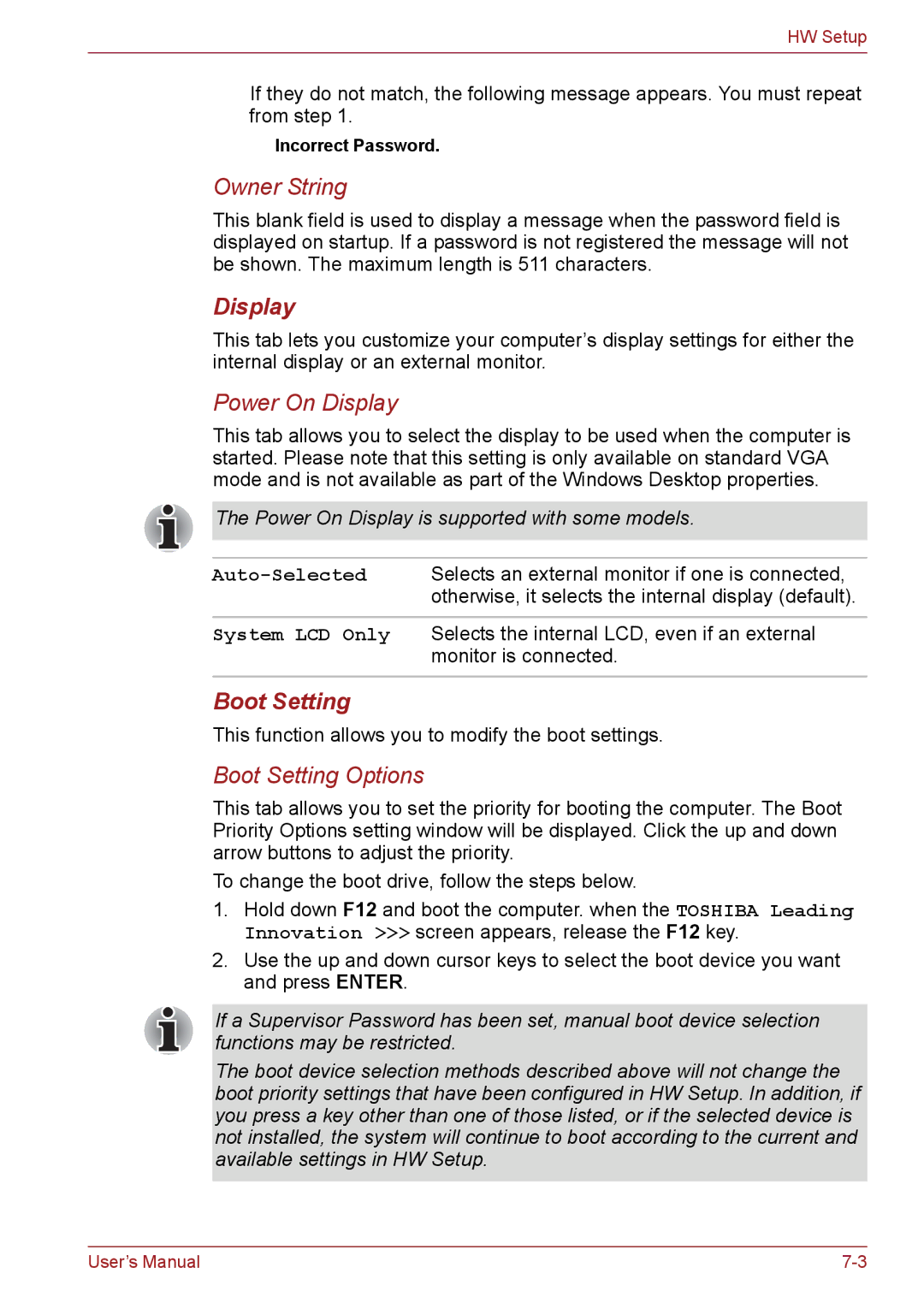 Toshiba PSC2EU-05400L user manual Owner String, Boot Setting 