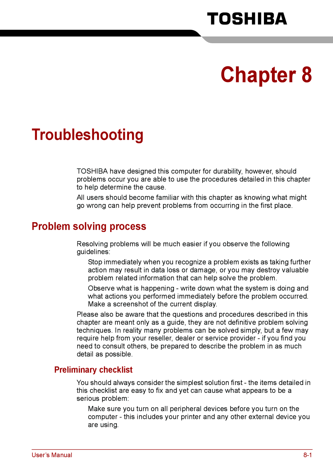 Toshiba PSC2EU-05400L user manual Troubleshooting, Problem solving process, Preliminary checklist 