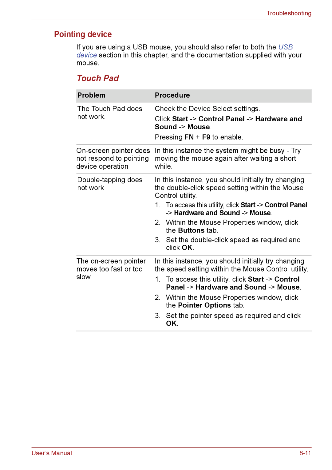 Toshiba PSC2EU-05400L user manual Pointing device, Touch Pad 