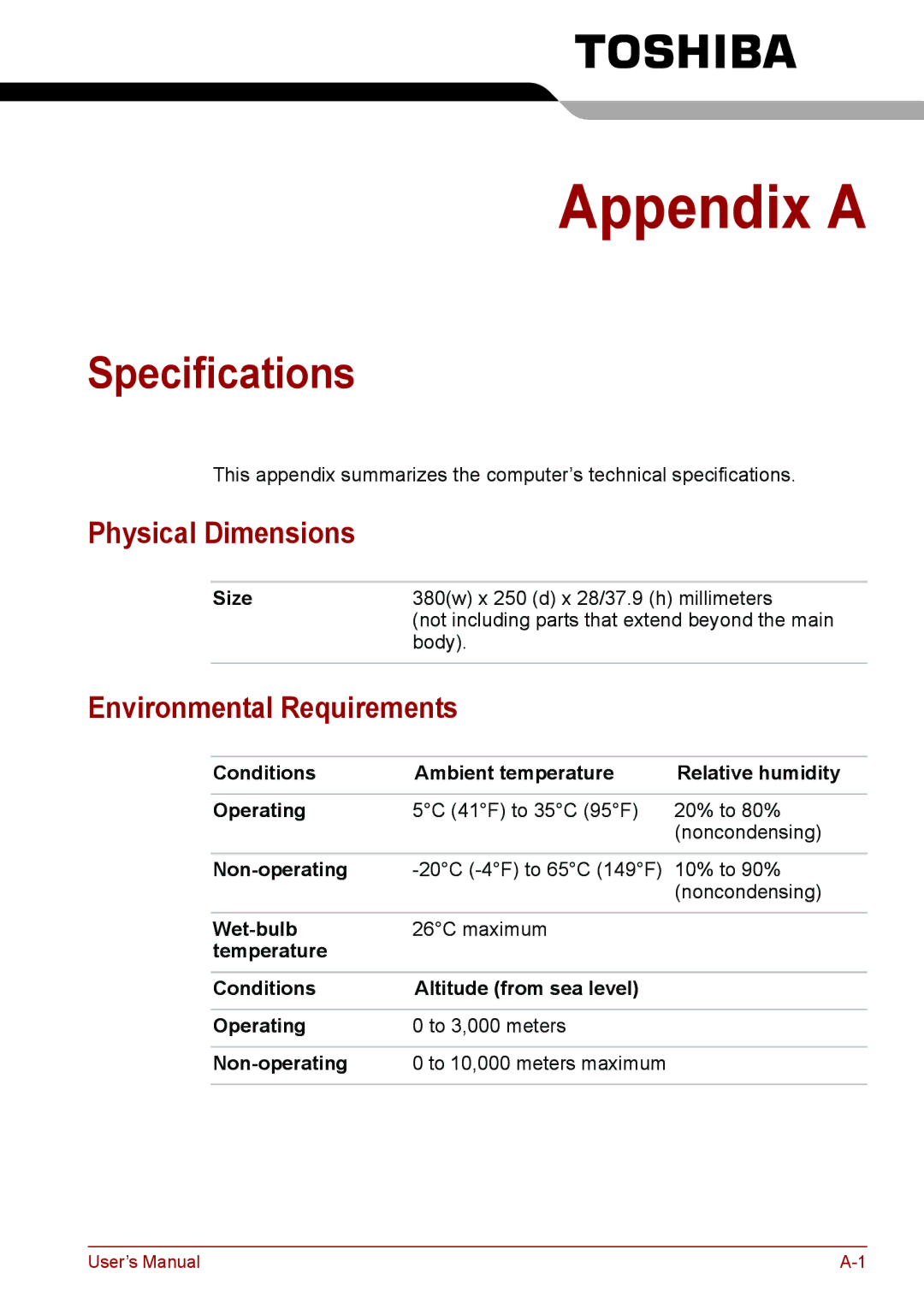 Toshiba PSC2EU-05400L user manual Specifications, Physical Dimensions, Environmental Requirements, Size 