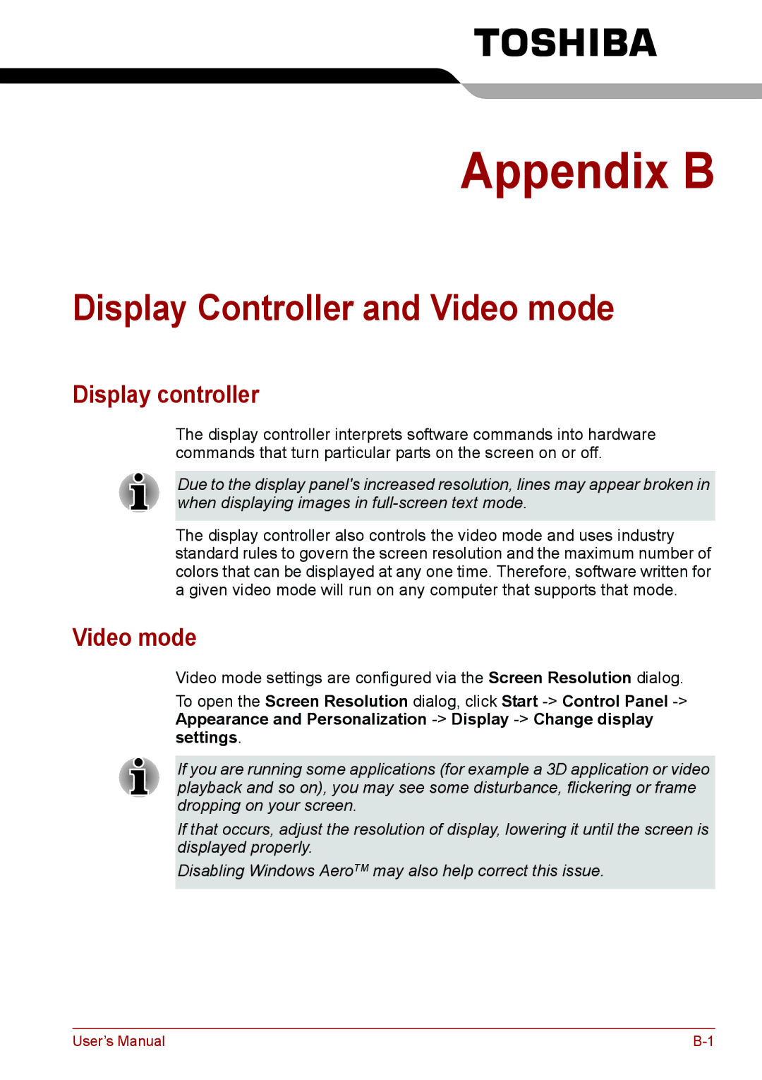 Toshiba PSC2EU-05400L user manual Display Controller and Video mode, Display controller 