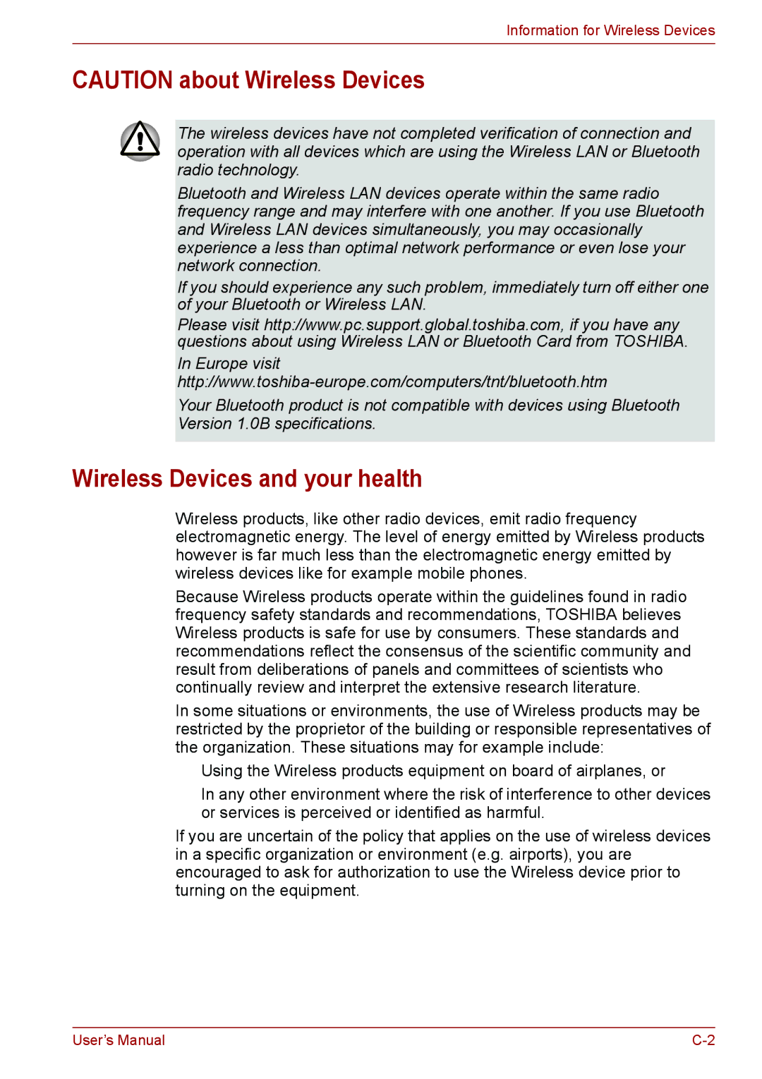 Toshiba PSC2EU-05400L user manual Wireless Devices and your health 