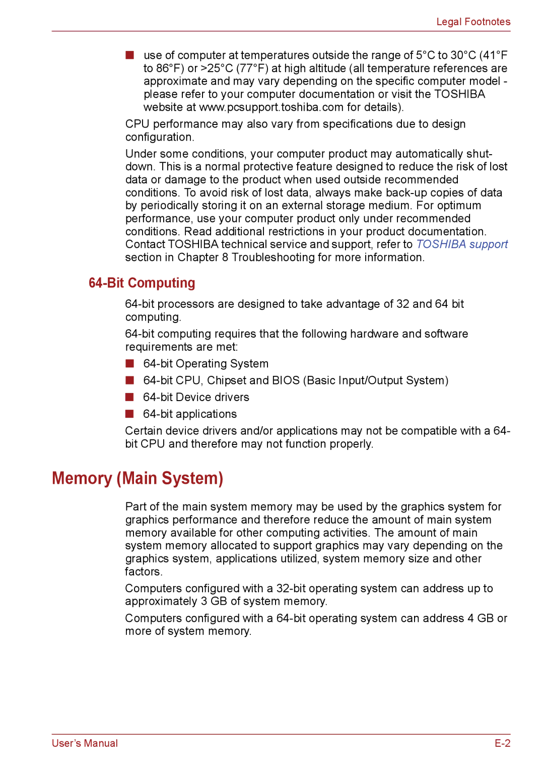 Toshiba PSC2EU-05400L user manual Memory Main System, Bit Computing 