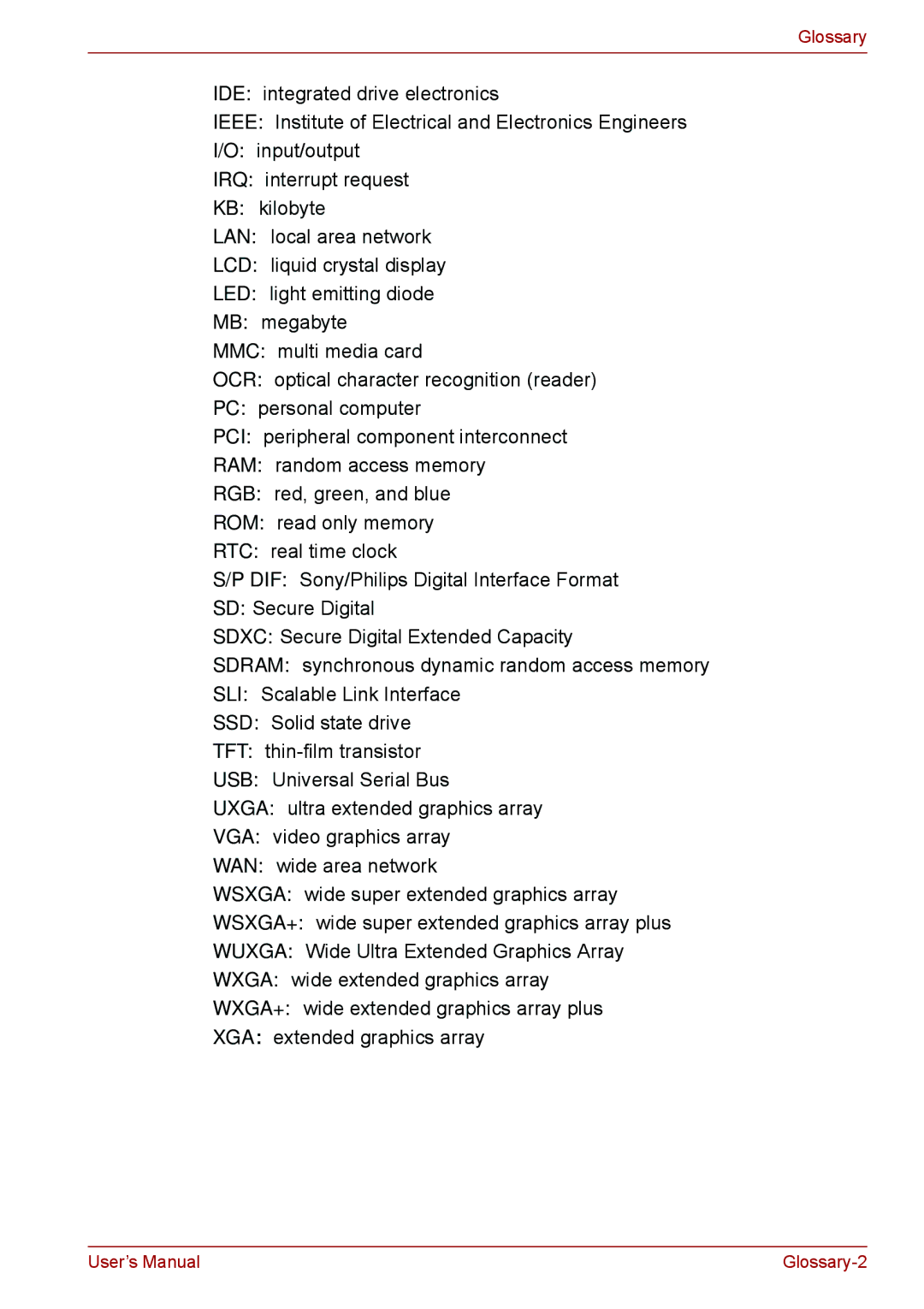 Toshiba PSC2EU-05400L user manual Glossary 