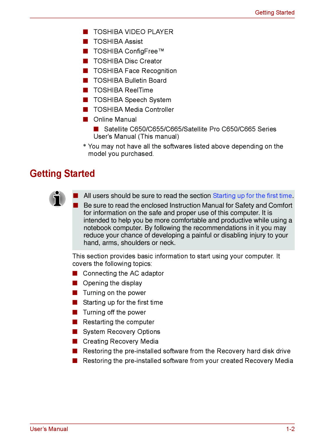 Toshiba PSC2EU-05400L user manual Getting Started, Toshiba Video Player 