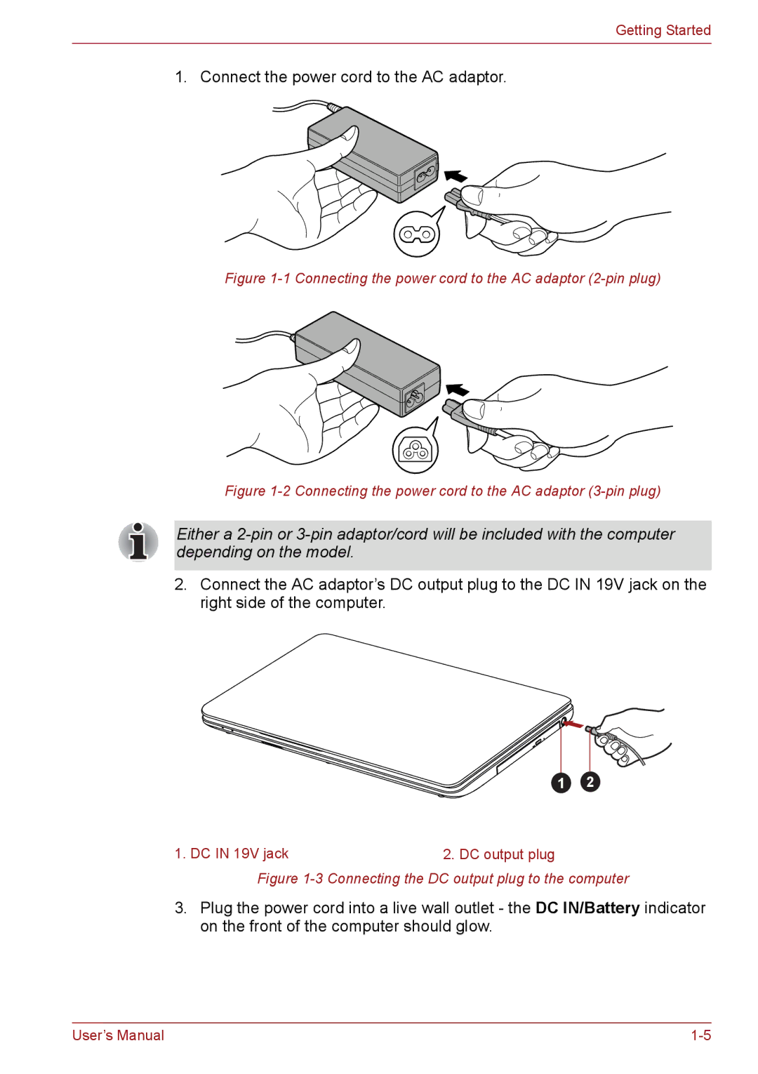 Toshiba PSC2EU-05400L user manual Connect the power cord to the AC adaptor 