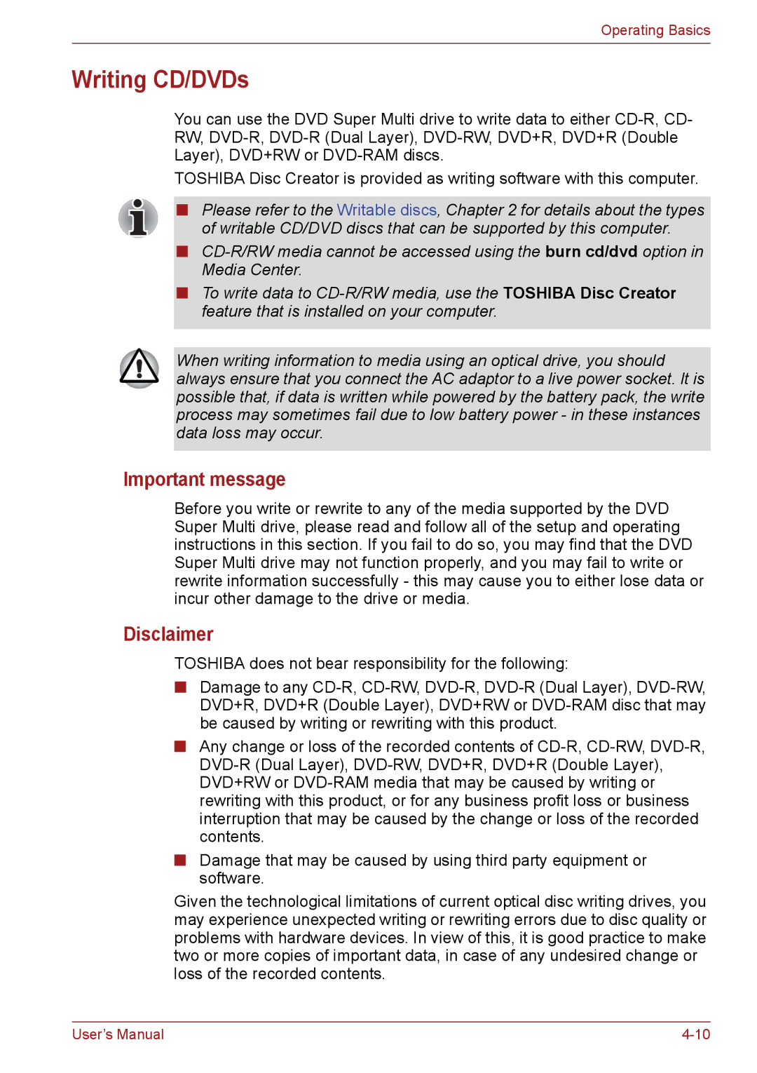 Toshiba PSC2EU-05400L user manual Writing CD/DVDs, Important message 