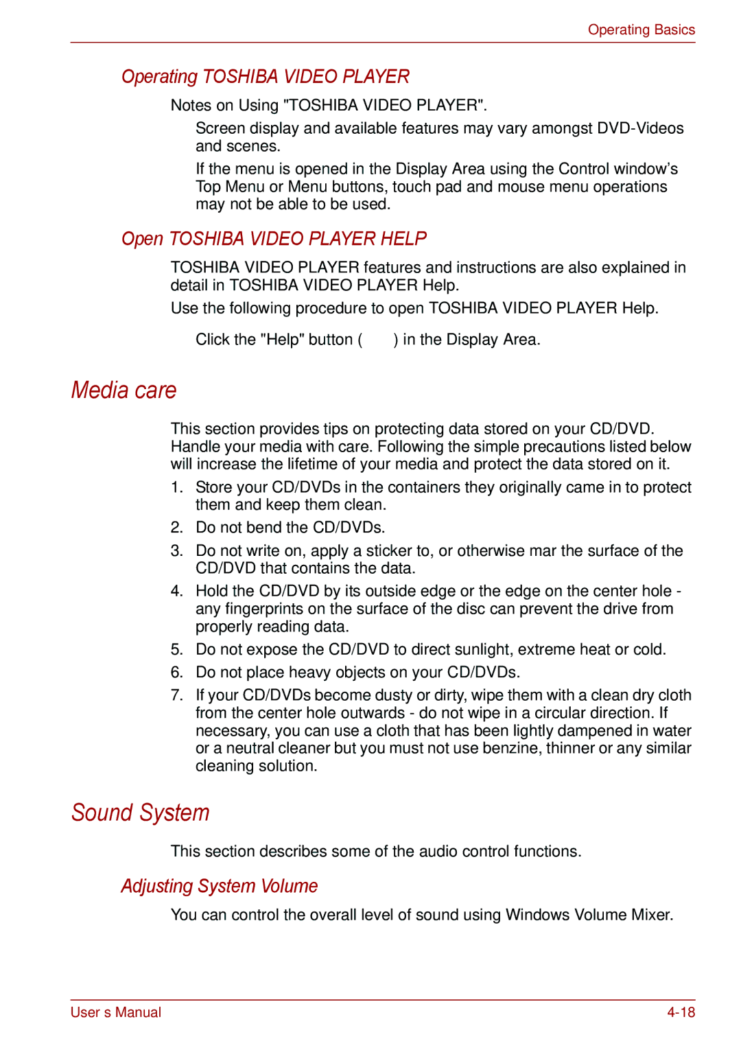 Toshiba PSC2EU-05400L user manual Media care, Sound System, Operating Toshiba Video Player, Open Toshiba Video Player Help 