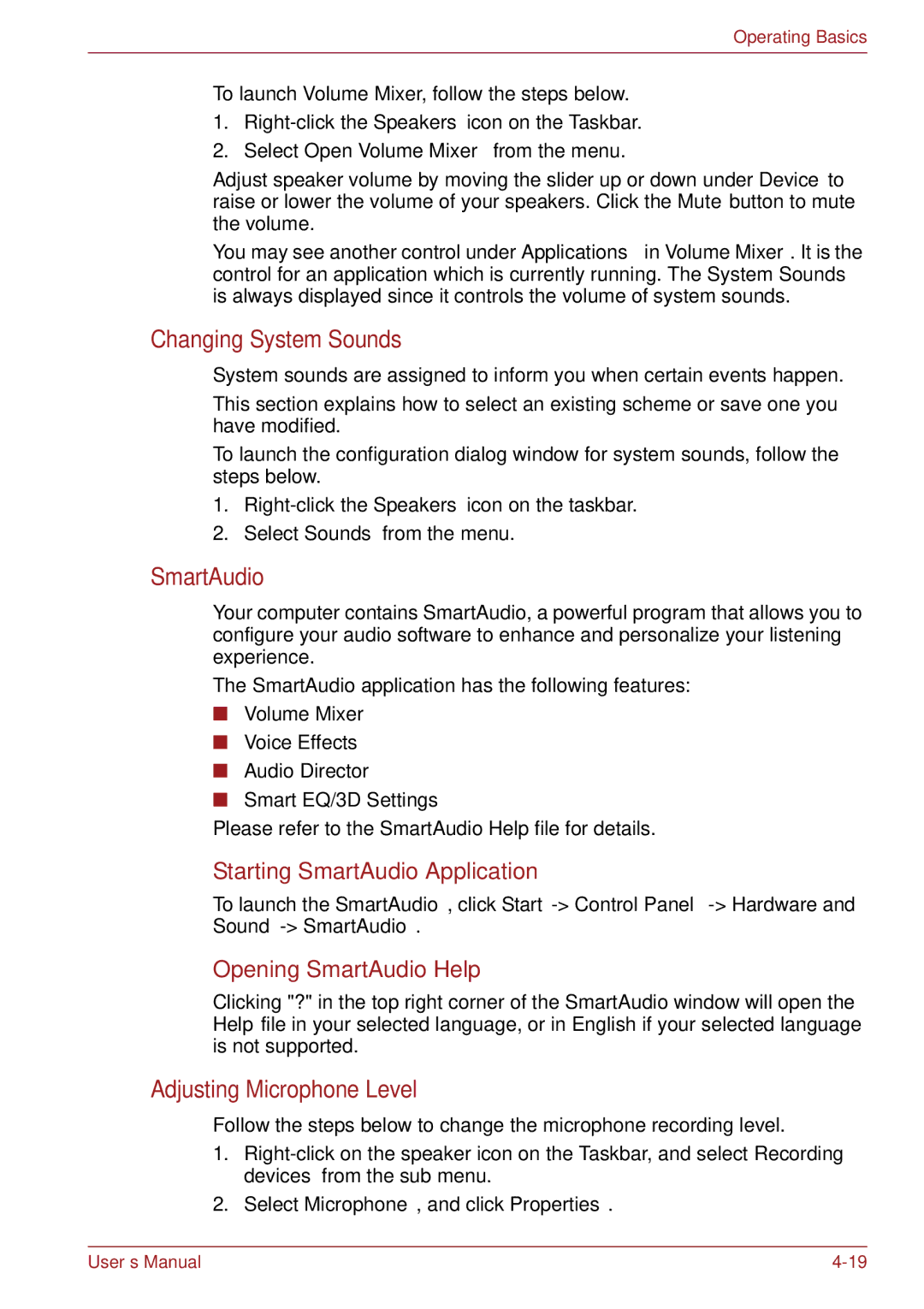 Toshiba PSC2EU-05400L user manual Changing System Sounds, Adjusting Microphone Level, Starting SmartAudio Application 