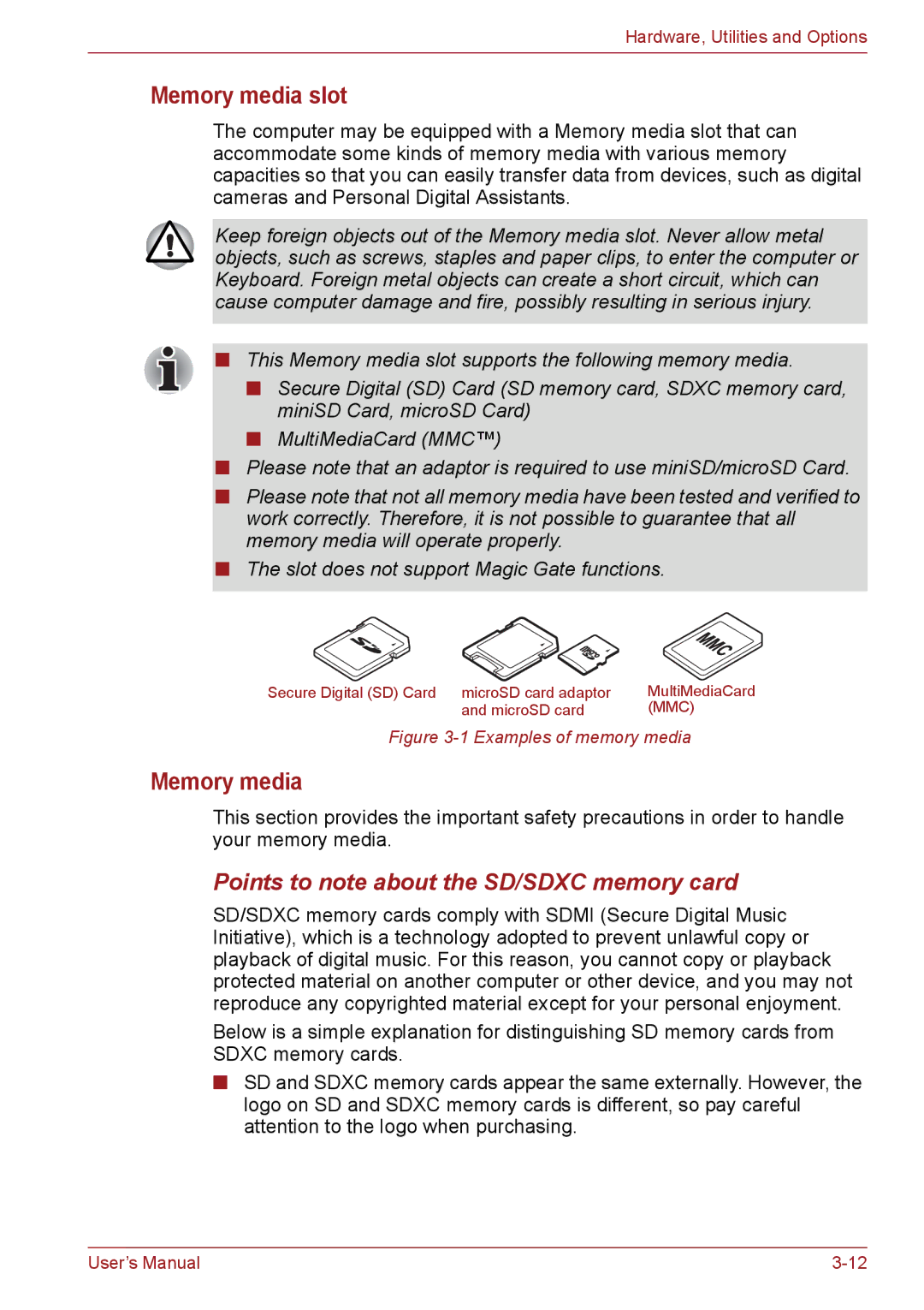 Toshiba PSC2EU-05400L user manual Memory media slot, Points to note about the SD/SDXC memory card 