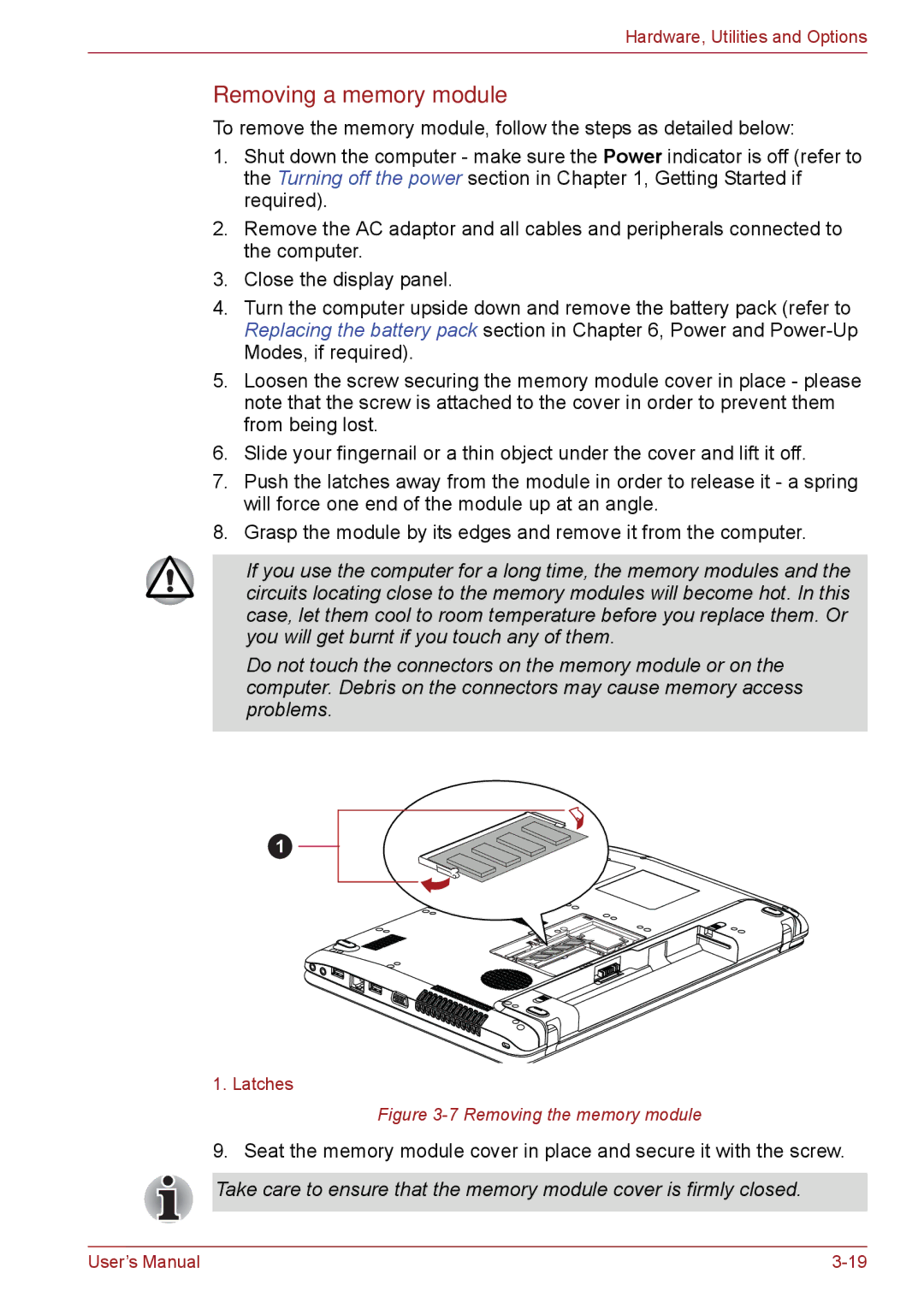 Toshiba PSC2EU-05400L user manual Removing a memory module, Removing the memory module 