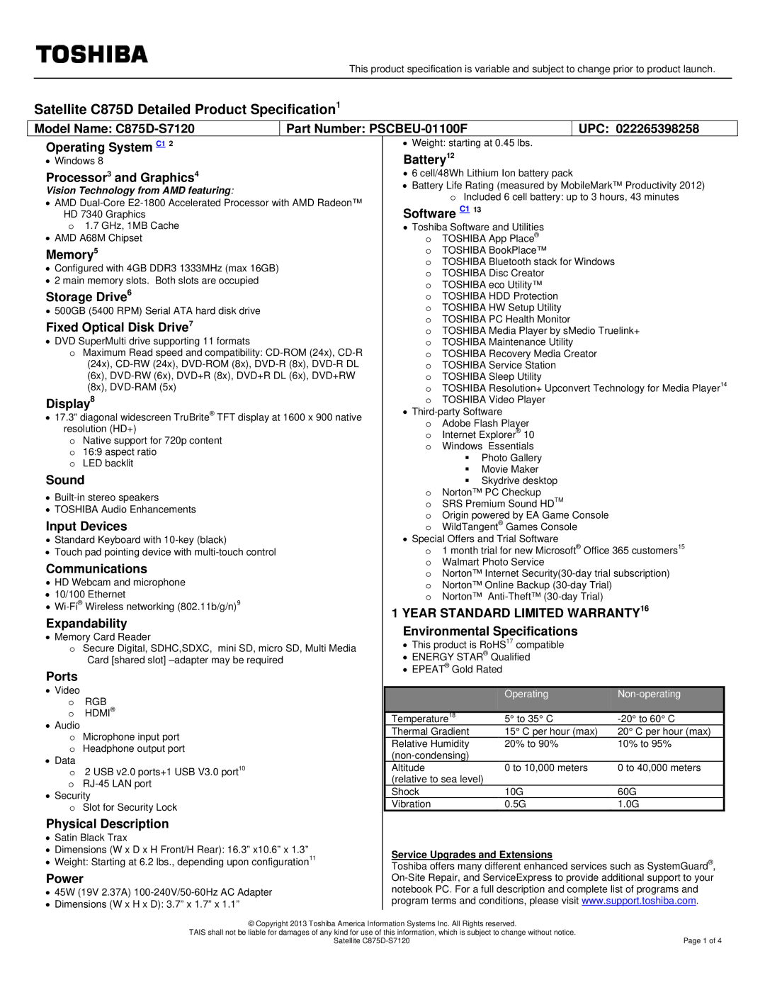 Toshiba PSCBEU-01100F warranty Battery12 Processor3 and Graphics4, Software C1, Memory5, Storage Drive6, Display8, Sound 