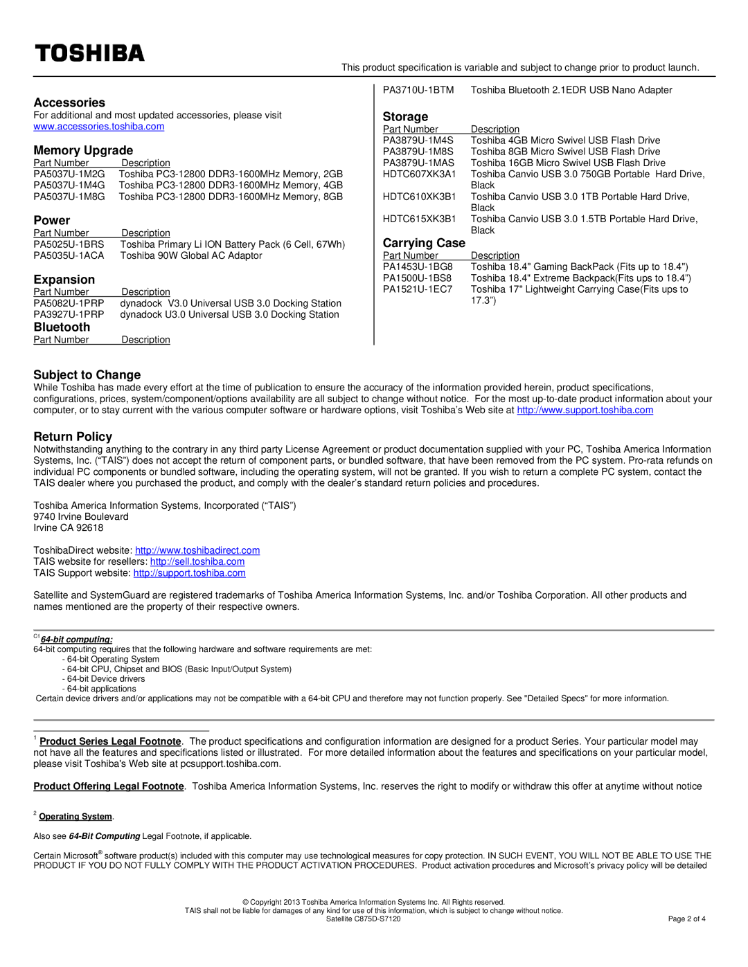 Toshiba PSCBEU-01100F warranty Accessories Memory Upgrade, Expansion, Bluetooth, Storage, Carrying Case 