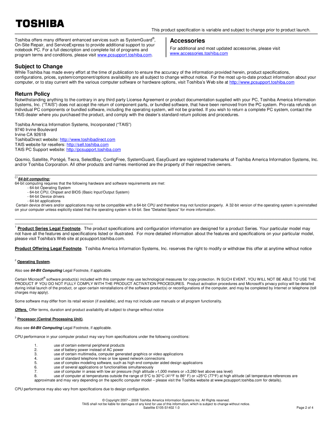 Toshiba PSE10U-002003 specifications Subject to Change Return Policy, Operating System, Processor Central Processing Unit 
