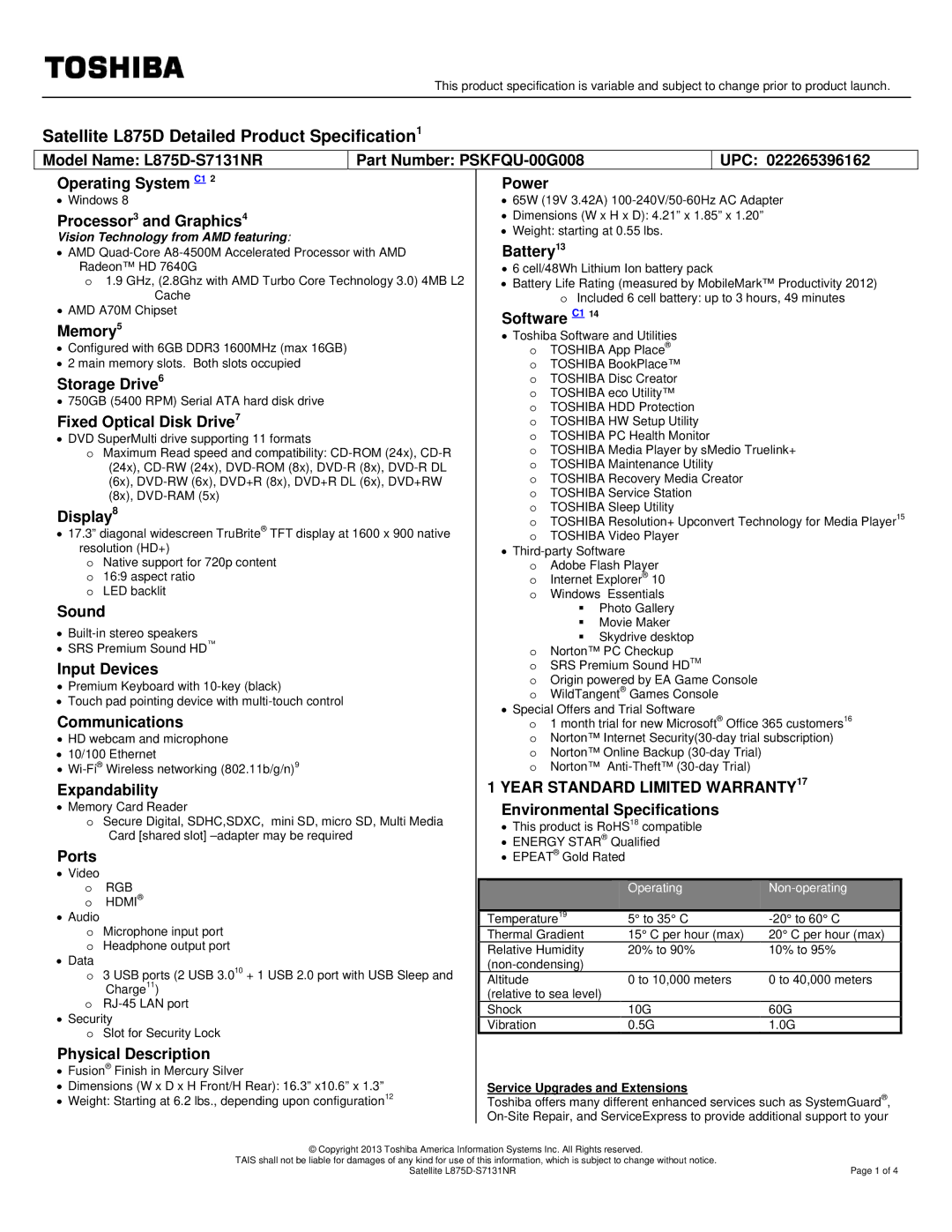 Toshiba PSKFQU-00G008 warranty Processor3 and Graphics4, Battery13, Software C1 Memory5, Storage Drive6, Display, Sound 